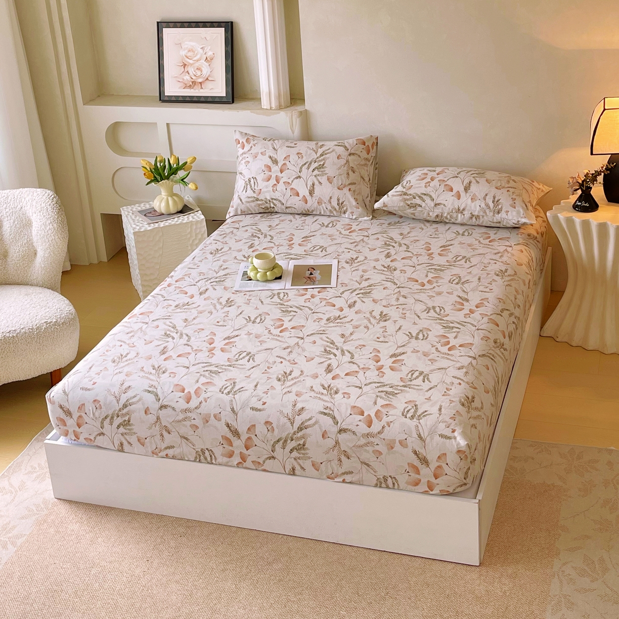 91家纺网 家纺一手货源 找家纺 金鑫汇家纺 2026新款全棉印花小清新单品床笠系列-可露丽 月下花影-桔