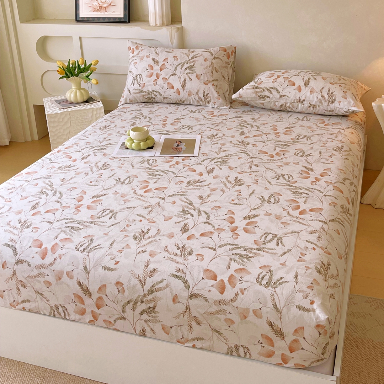 91家纺网 家纺一手货源 找家纺 金鑫汇家纺 2026新款全棉印花小清新单品床笠系列-可露丽 月下花影-桔