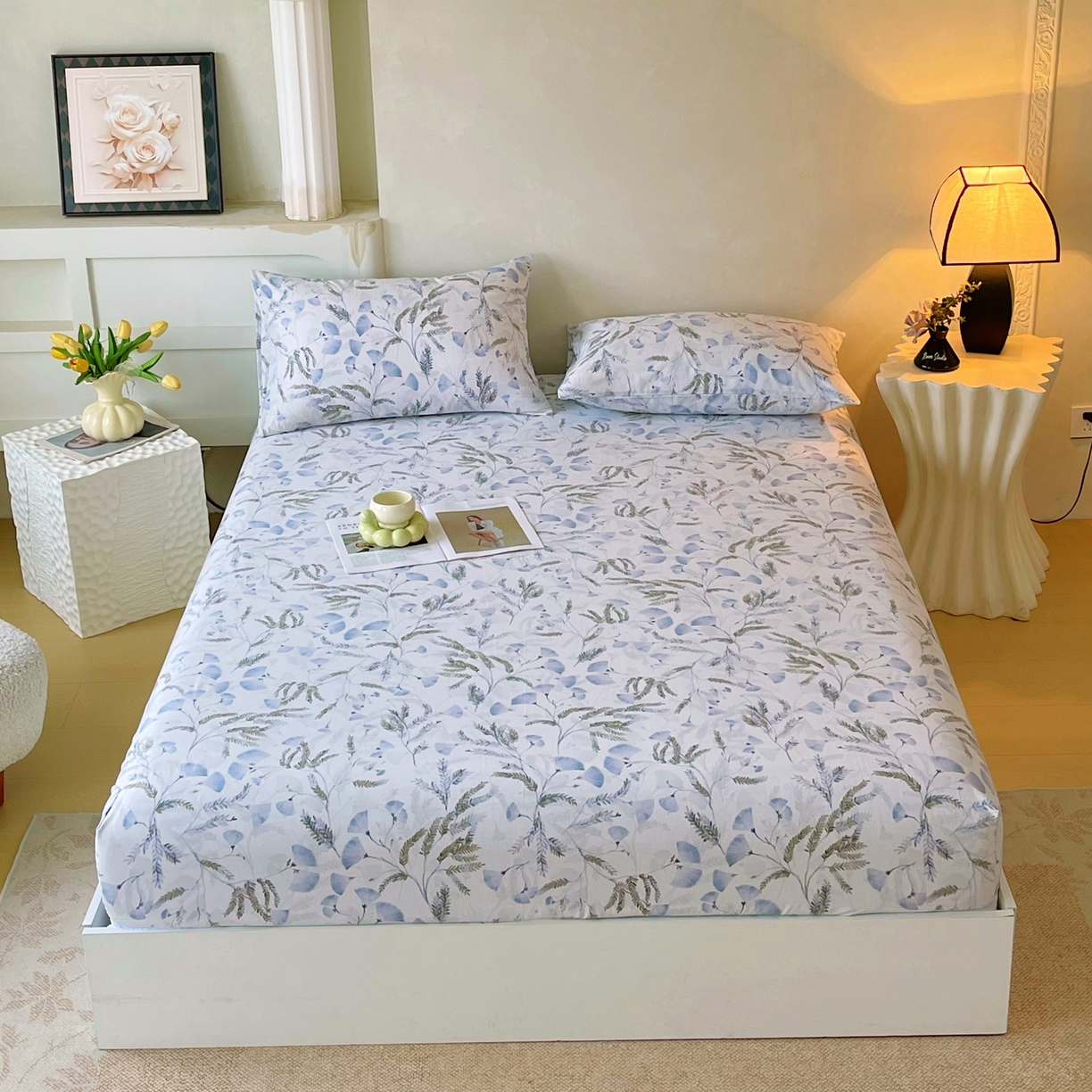 91家纺网 家纺一手货源 找家纺 金鑫汇家纺 2026新款全棉印花小清新单品床笠系列-可露丽 月下花影-蓝