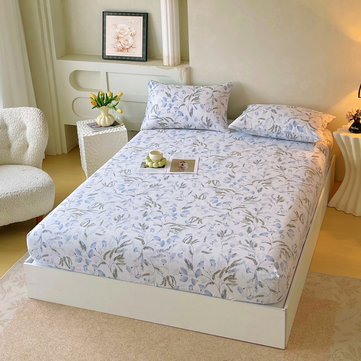 91家纺网 家纺一手货源 找家纺 金鑫汇家纺 2026新款全棉印花小清新单品床笠系列-可露丽 月下花影-蓝