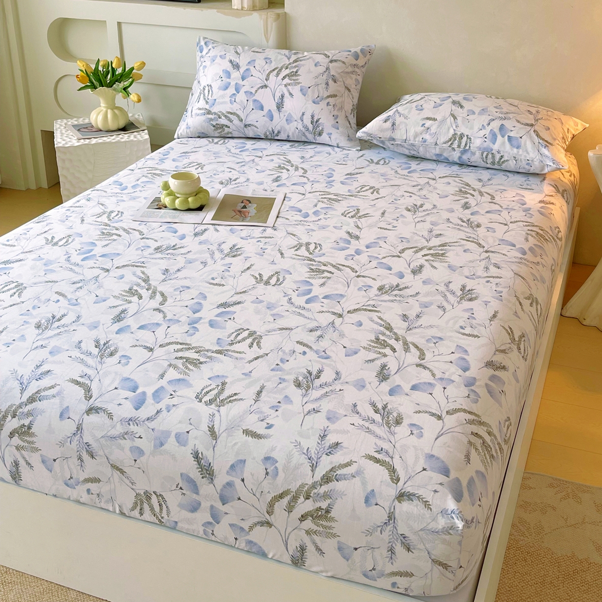 91家纺网 家纺一手货源 找家纺 金鑫汇家纺 2026新款全棉印花小清新单品床笠系列-可露丽 月下花影-蓝