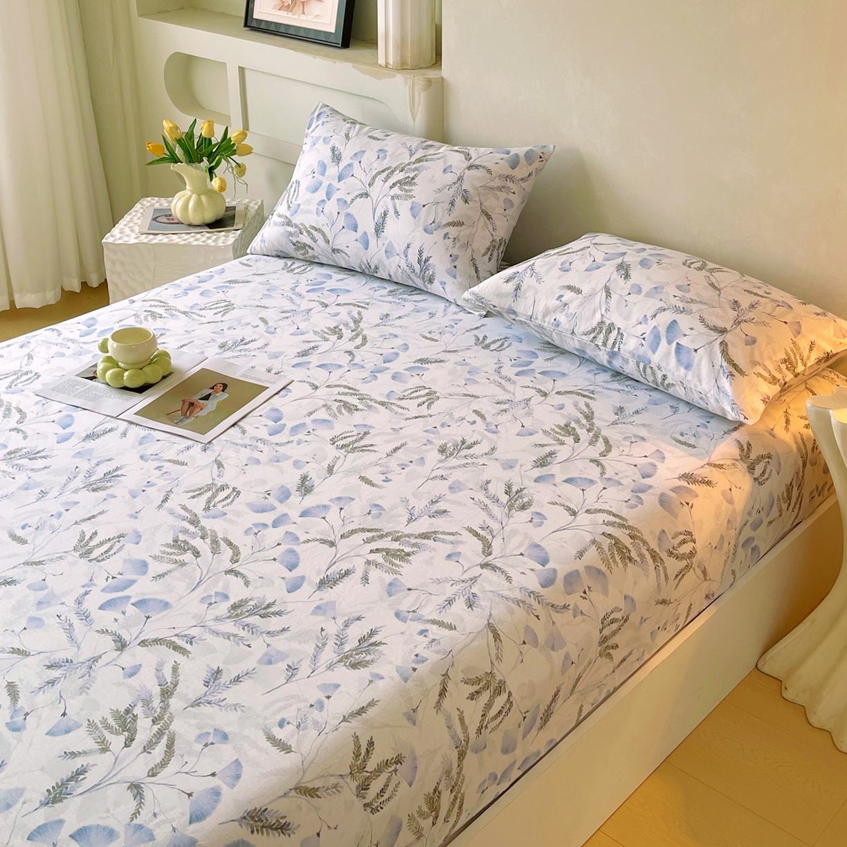 91家纺网 家纺一手货源 找家纺 金鑫汇家纺 2026新款全棉印花小清新单品床笠系列-可露丽 月下花影-蓝