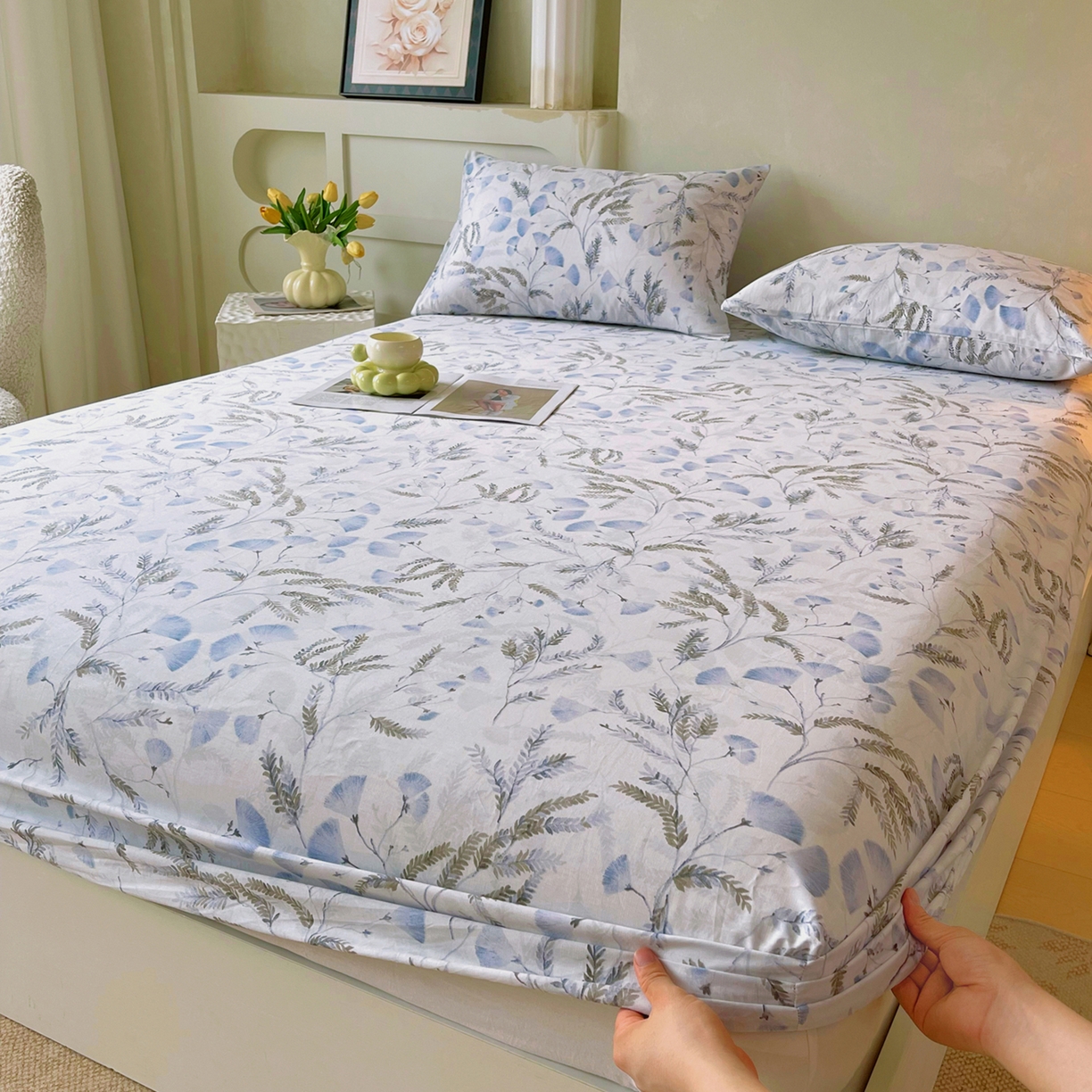 91家纺网 家纺一手货源 找家纺 金鑫汇家纺 2026新款全棉印花小清新单品床笠系列-可露丽 月下花影-蓝