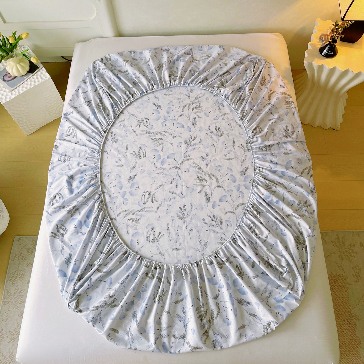 91家纺网 家纺一手货源 找家纺 金鑫汇家纺 2026新款全棉印花小清新单品床笠系列-可露丽 月下花影-蓝