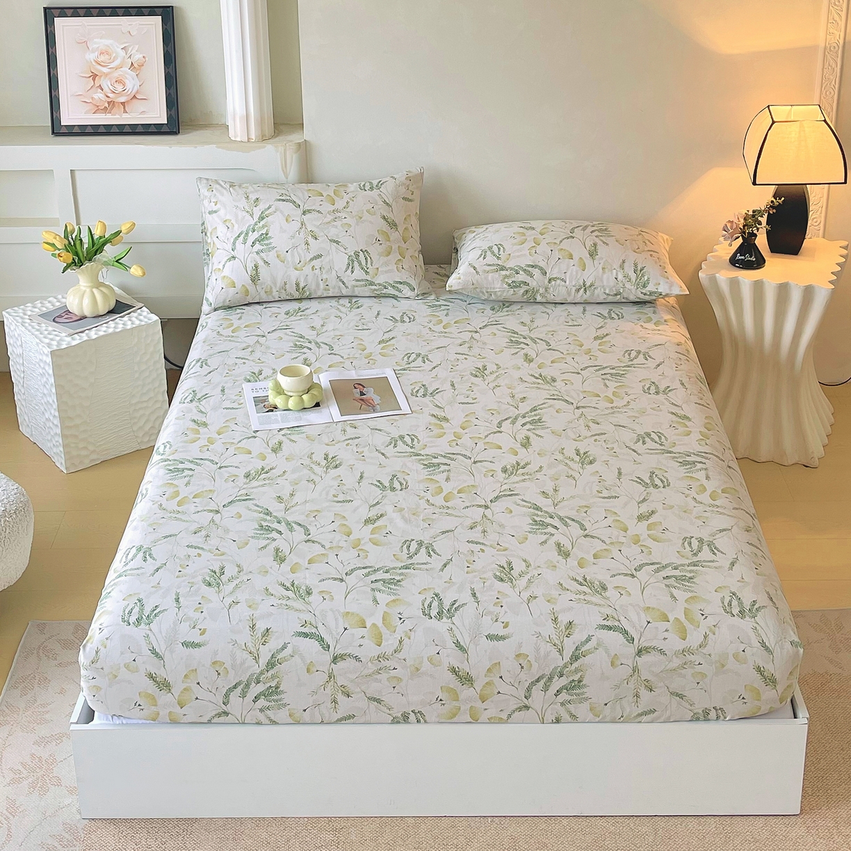 91家纺网 家纺一手货源 找家纺 金鑫汇家纺 2026新款全棉印花小清新单品床笠系列-可露丽 月下花影-绿