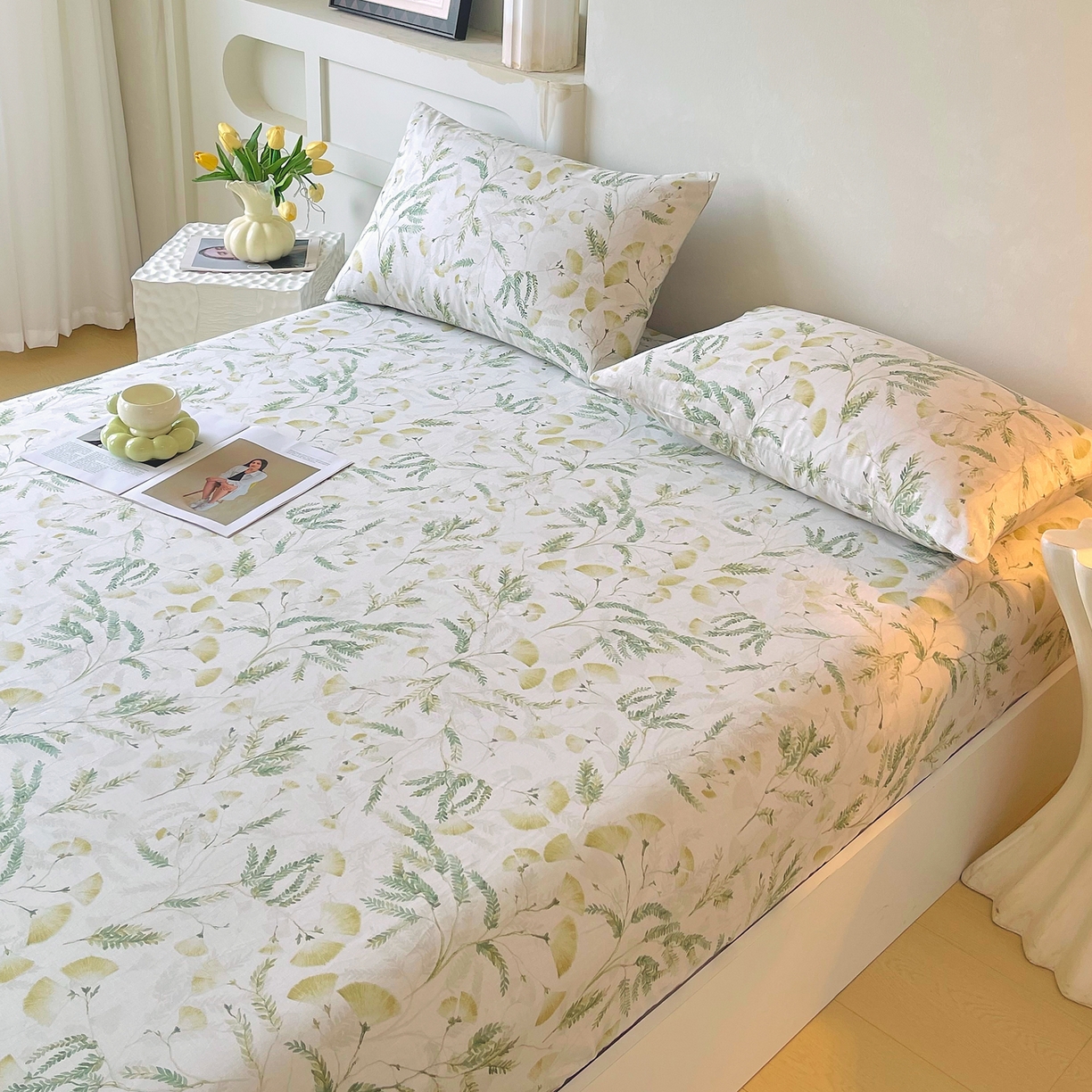 91家纺网 家纺一手货源 找家纺 金鑫汇家纺 2026新款全棉印花小清新单品床笠系列-可露丽 月下花影-绿