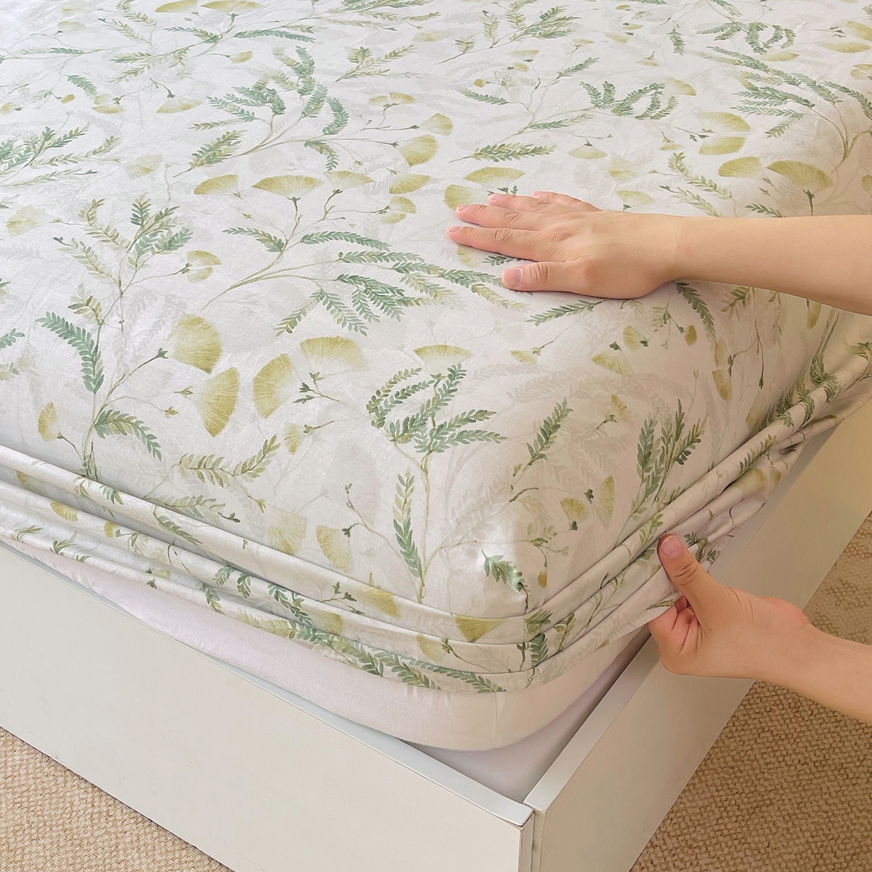 91家纺网 家纺一手货源 找家纺 金鑫汇家纺 2026新款全棉印花小清新单品床笠系列-可露丽 月下花影-绿