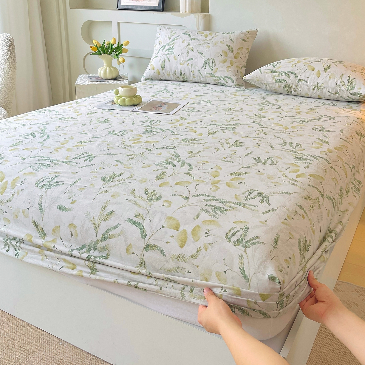 91家纺网 家纺一手货源 找家纺 金鑫汇家纺 2026新款全棉印花小清新单品床笠系列-可露丽 月下花影-绿