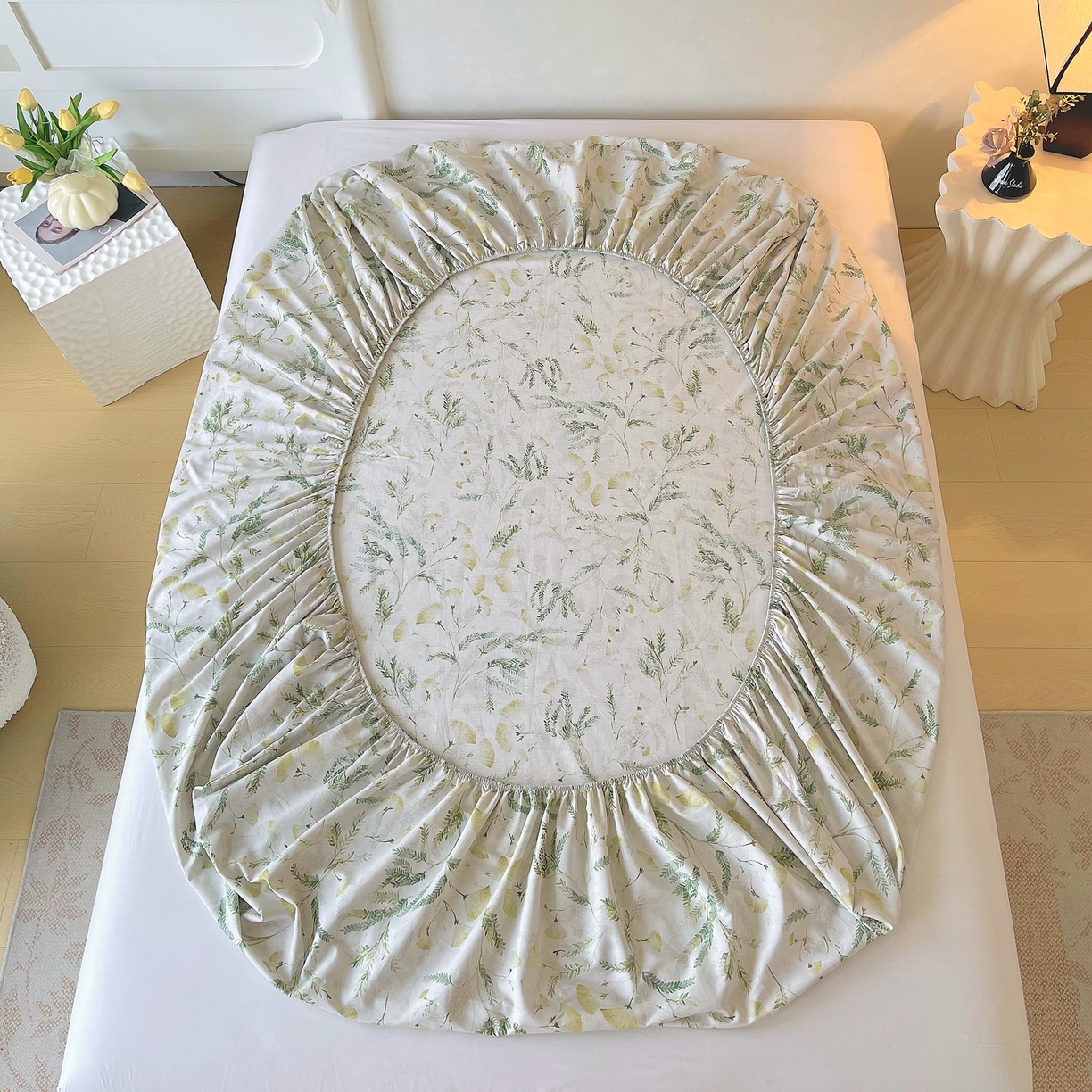 91家纺网 家纺一手货源 找家纺 金鑫汇家纺 2026新款全棉印花小清新单品床笠系列-可露丽 月下花影-绿