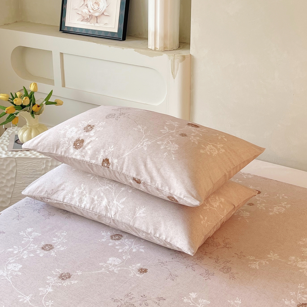 91家纺网 家纺一手货源 找家纺 金鑫汇家纺 2026新款全棉印花小清新单枕套系列-可露丽 浅咖可露丽