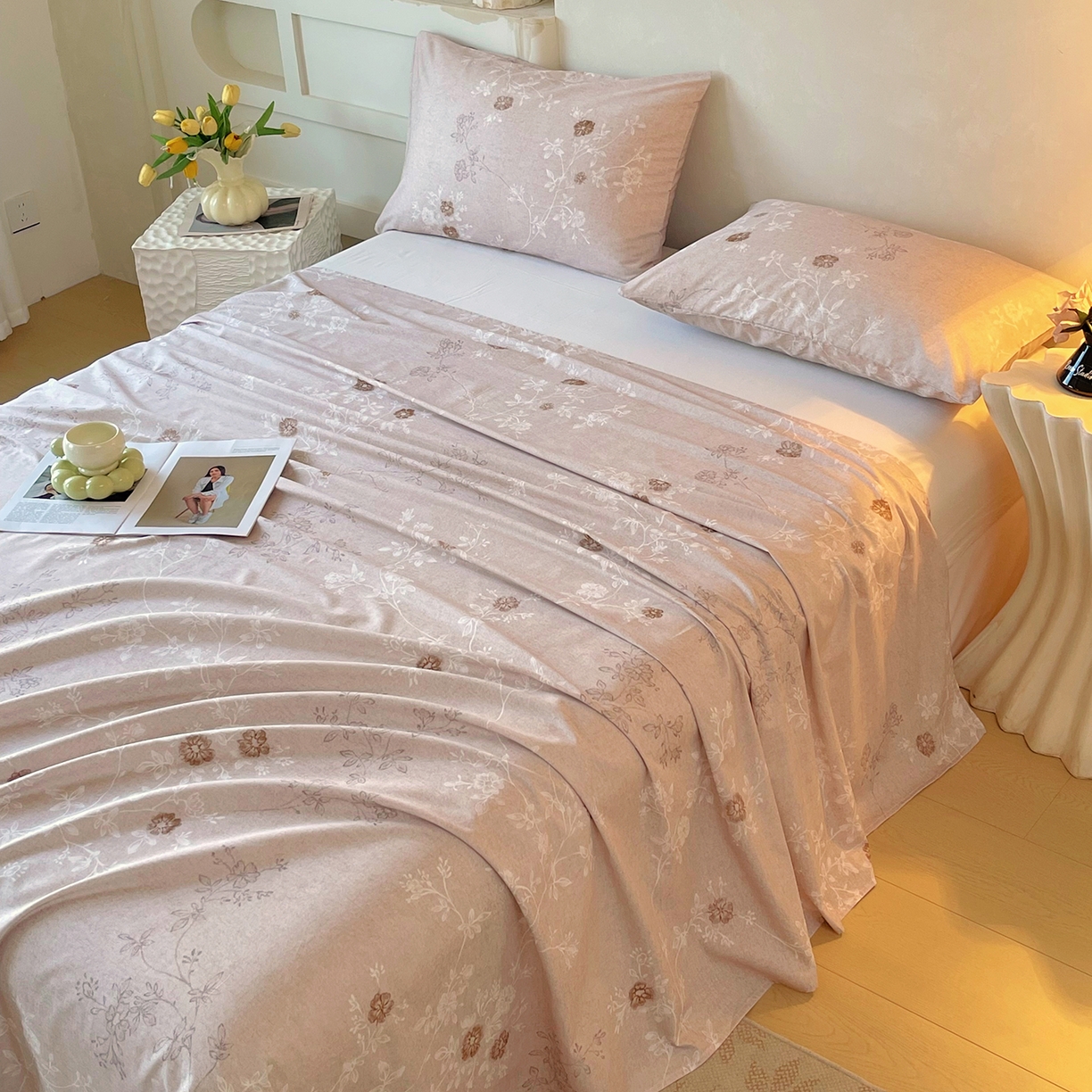 91家纺网 家纺一手货源 找家纺 金鑫汇家纺 2026新款全棉印花小清新单枕套系列-可露丽 浅咖可露丽