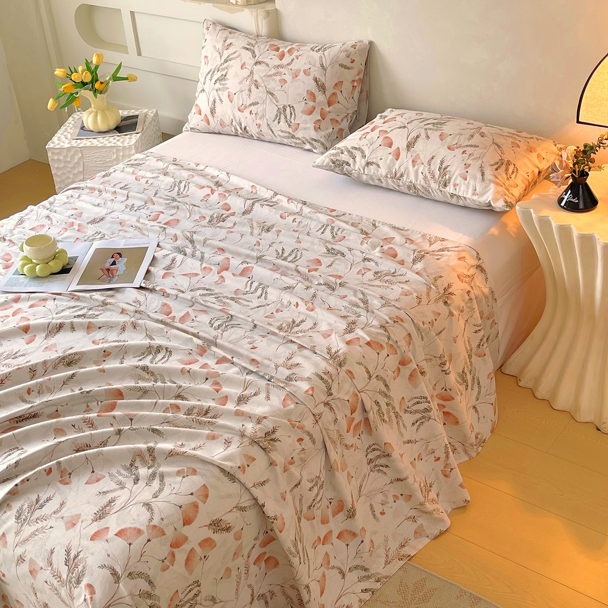 91家纺网 家纺一手货源 找家纺 金鑫汇家纺 2026新款全棉印花小清新单枕套系列-可露丽 月下花影-桔