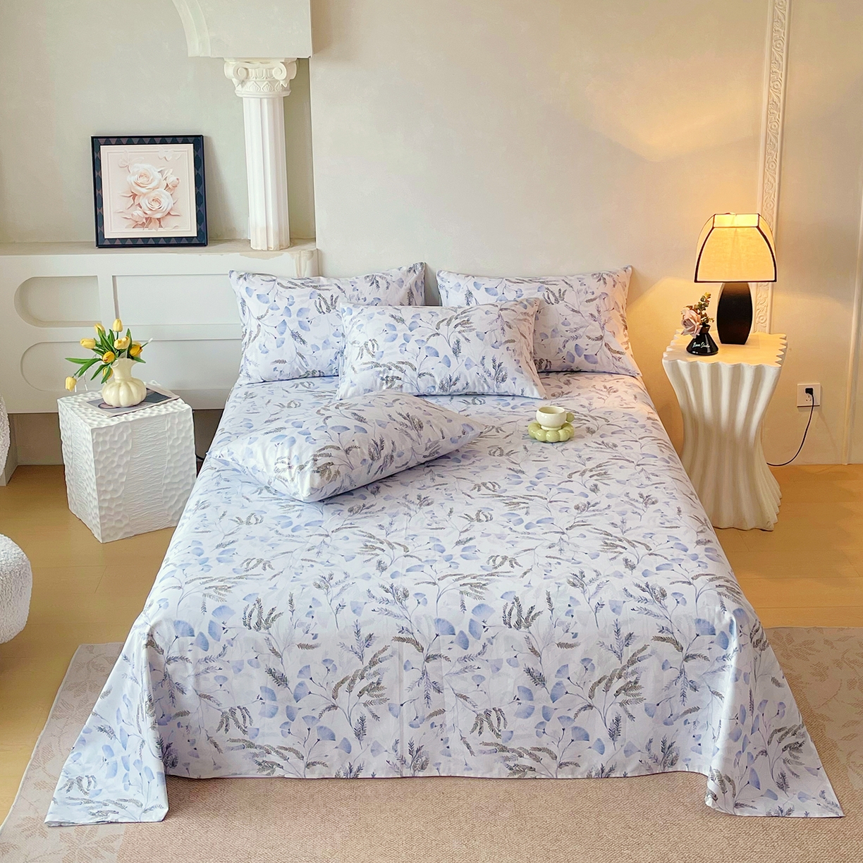 91家纺网 家纺一手货源 找家纺 金鑫汇家纺 2026新款全棉印花小清新单枕套系列-可露丽 月下花影-蓝