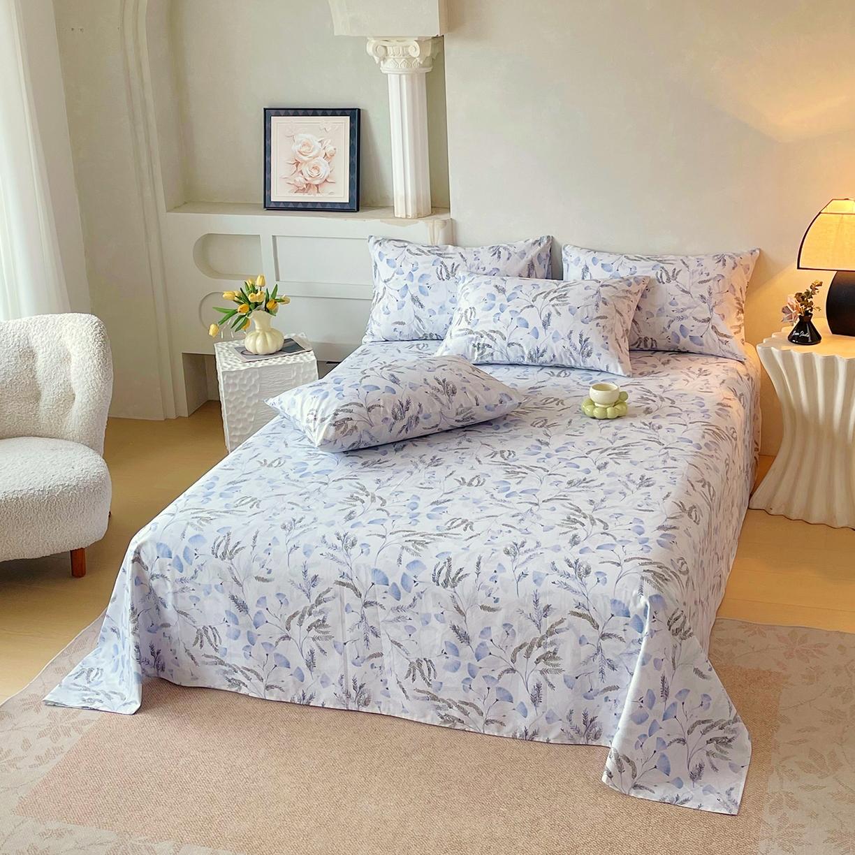 91家纺网 家纺一手货源 找家纺 金鑫汇家纺 2026新款全棉印花小清新单枕套系列-可露丽 月下花影-蓝