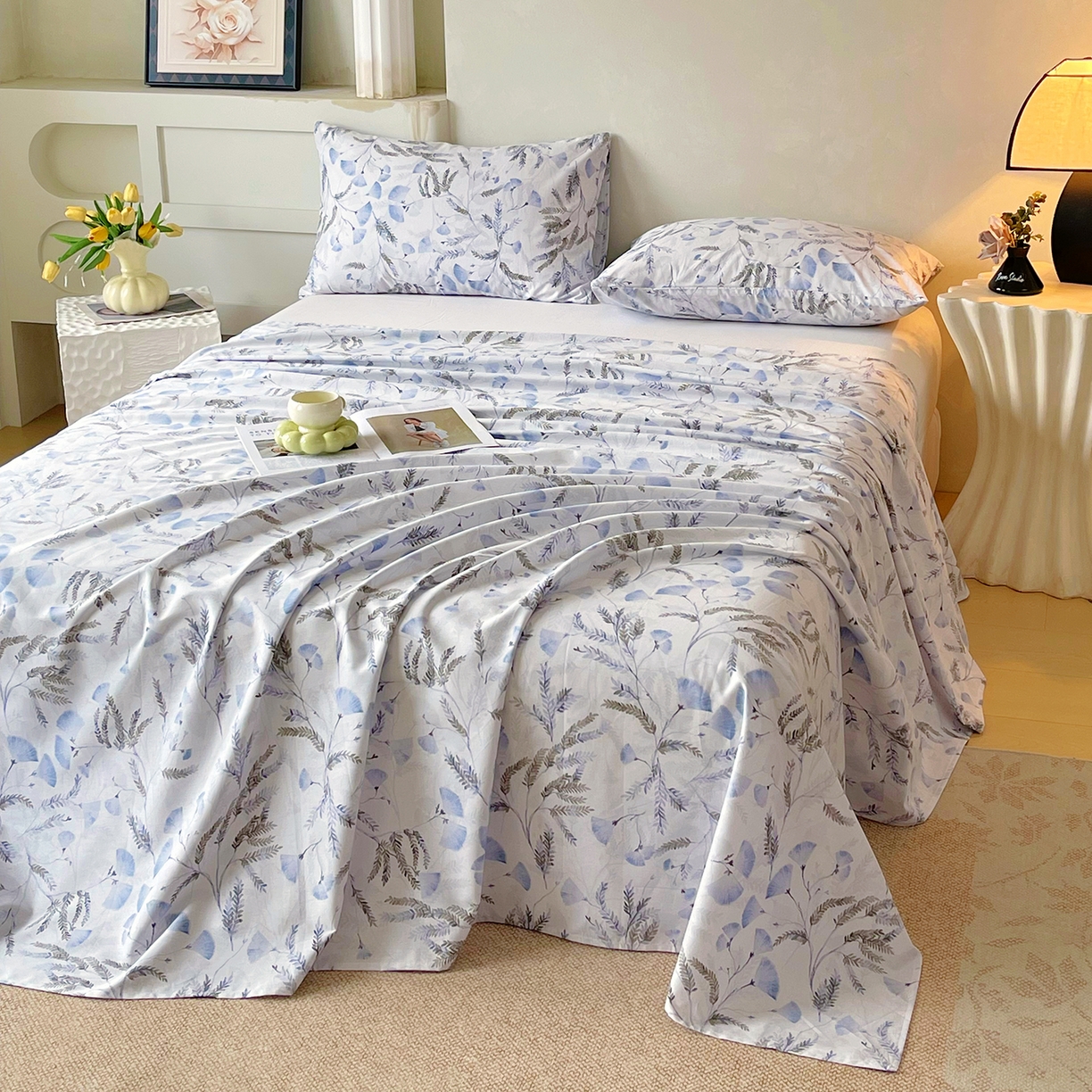 91家纺网 家纺一手货源 找家纺 金鑫汇家纺 2026新款全棉印花小清新单枕套系列-可露丽 月下花影-蓝