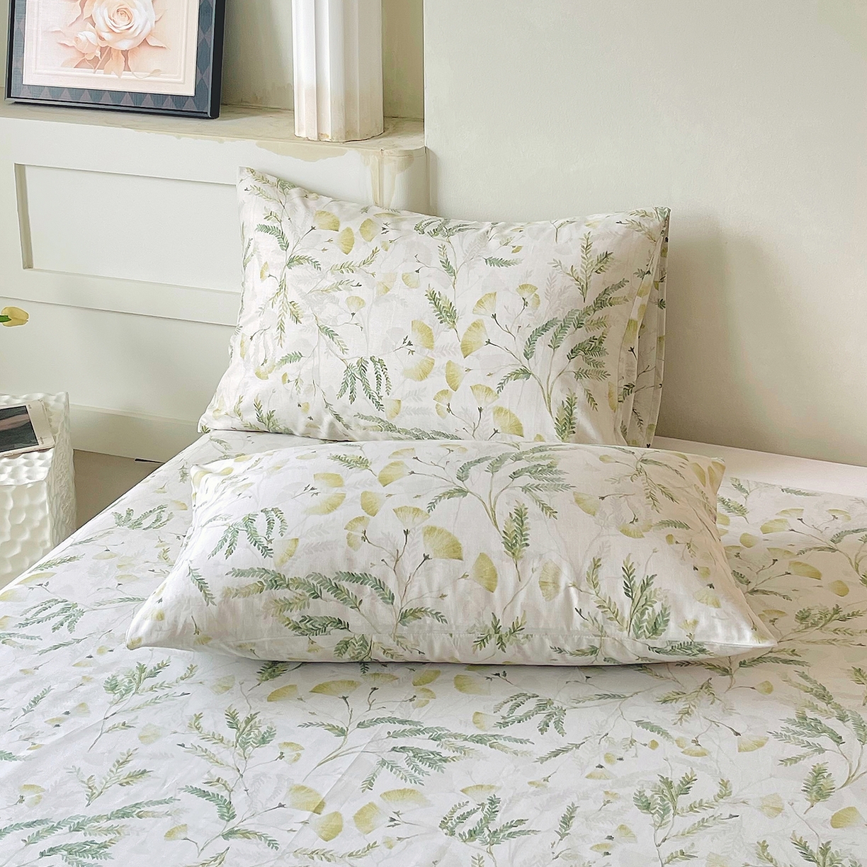 91家纺网 家纺一手货源 找家纺 金鑫汇家纺 2026新款全棉印花小清新单枕套系列-可露丽 月下花影-绿