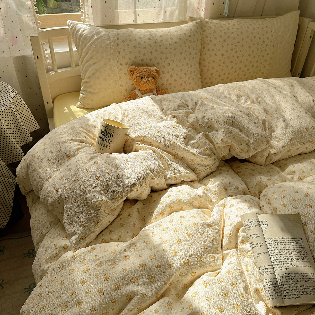 91家纺网 家纺一手货源 找家纺 沐芷 2026 【提供买家秀】宽花边四件套公主风A类双层纱床上用品三件套被套床笠 宽花边-蜜糖黄花