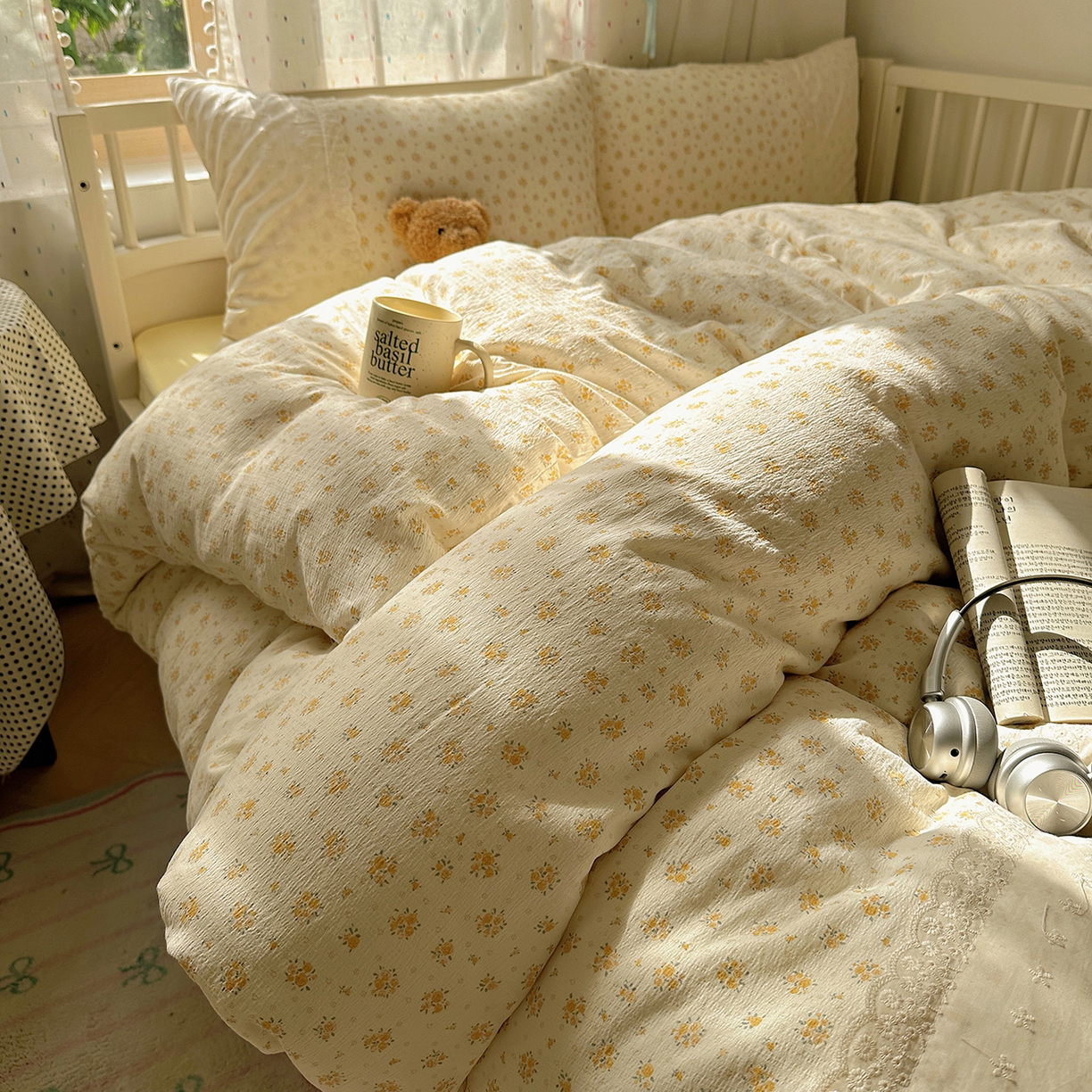 91家纺网 家纺一手货源 找家纺 沐芷 2026 【提供买家秀】宽花边四件套公主风A类双层纱床上用品三件套被套床笠 宽花边-蜜糖黄花