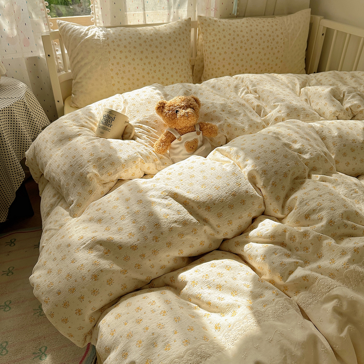 91家纺网 家纺一手货源 找家纺 沐芷 2026 【提供买家秀】宽花边四件套公主风A类双层纱床上用品三件套被套床笠 宽花边-蜜糖黄花