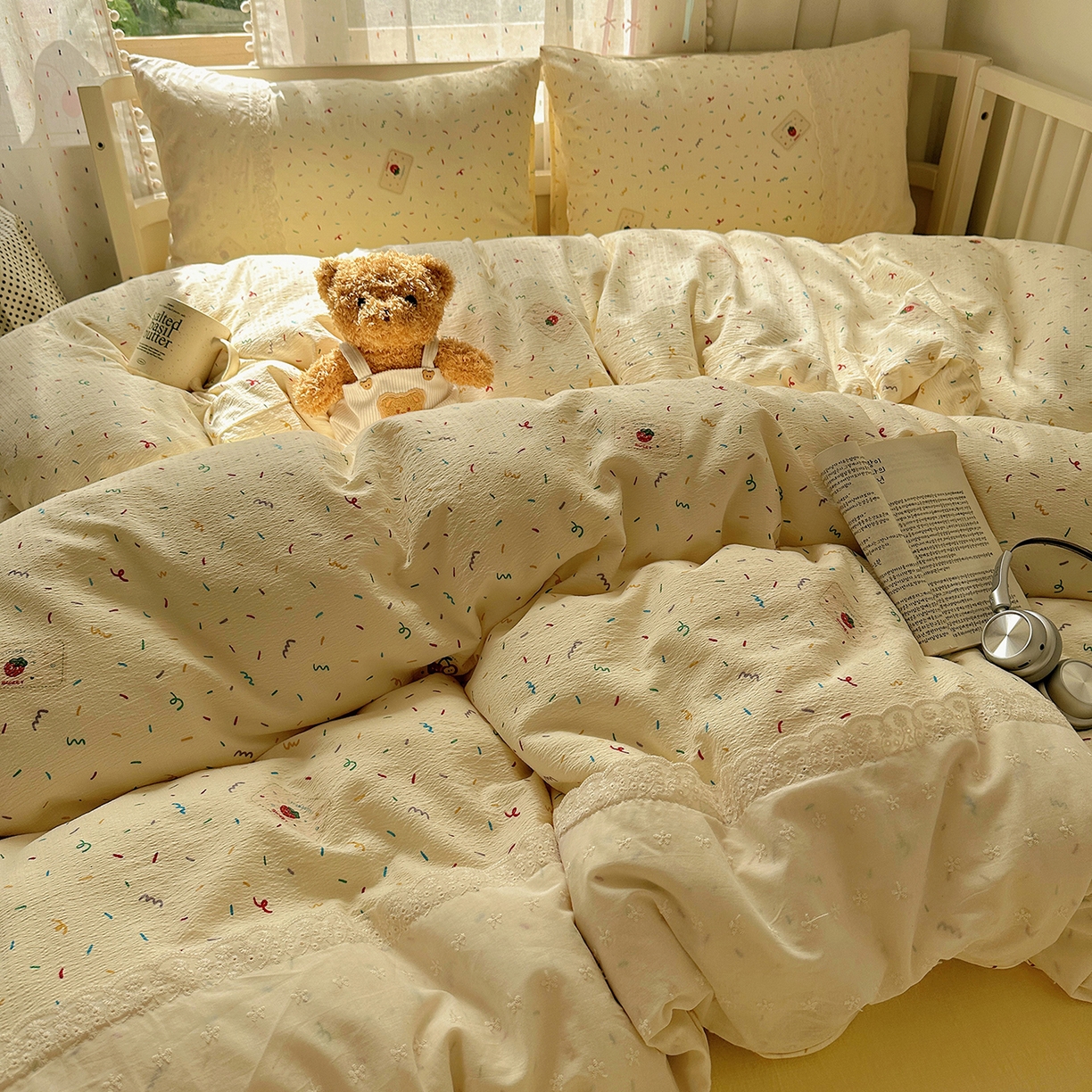 91家纺网 家纺一手货源 找家纺 沐芷 2026 【提供买家秀】宽花边四件套公主风A类双层纱床上用品三件套被套床笠 宽花边-甜心草莓