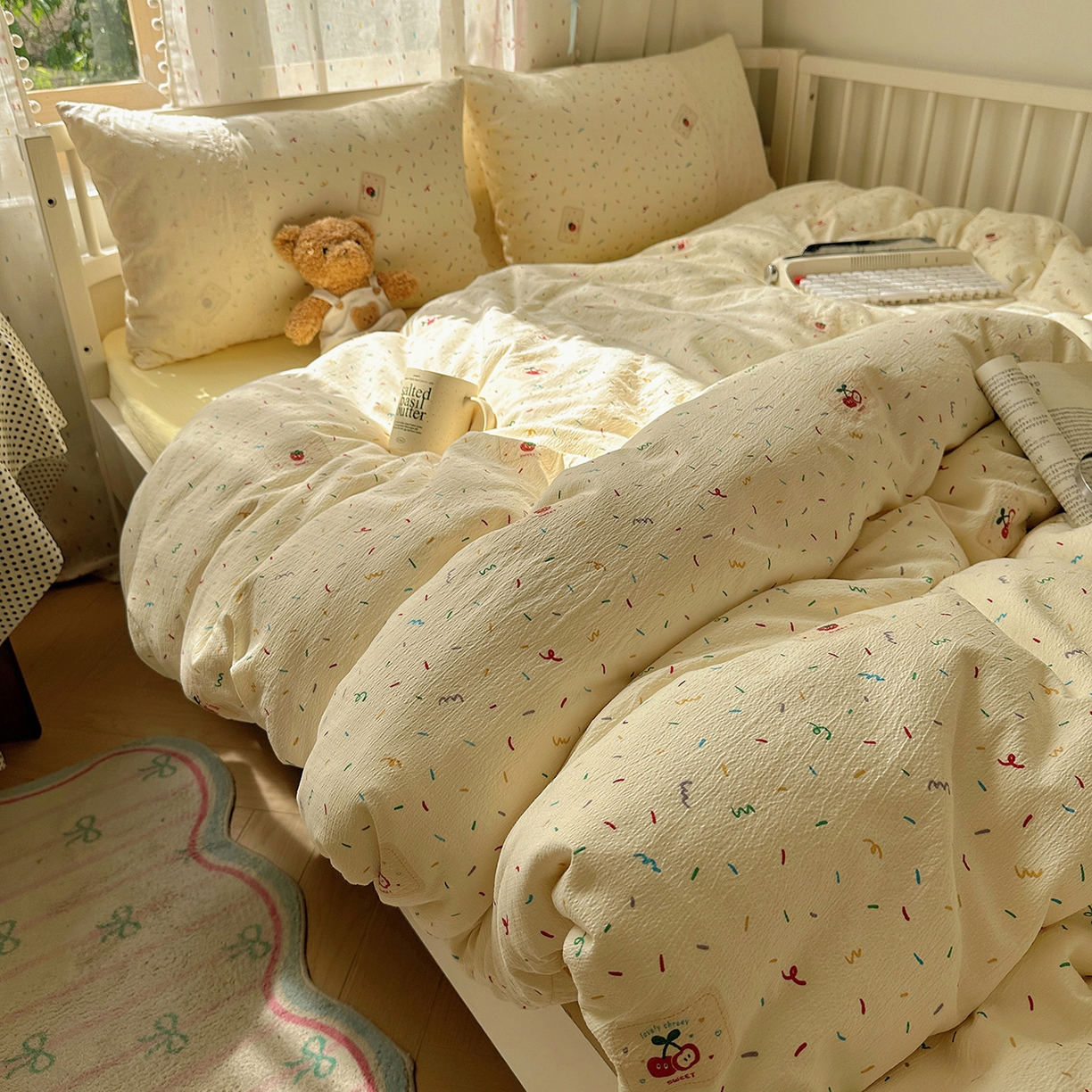 91家纺网 家纺一手货源 找家纺 沐芷 2026 【提供买家秀】宽花边四件套公主风A类双层纱床上用品三件套被套床笠 宽花边-甜心草莓