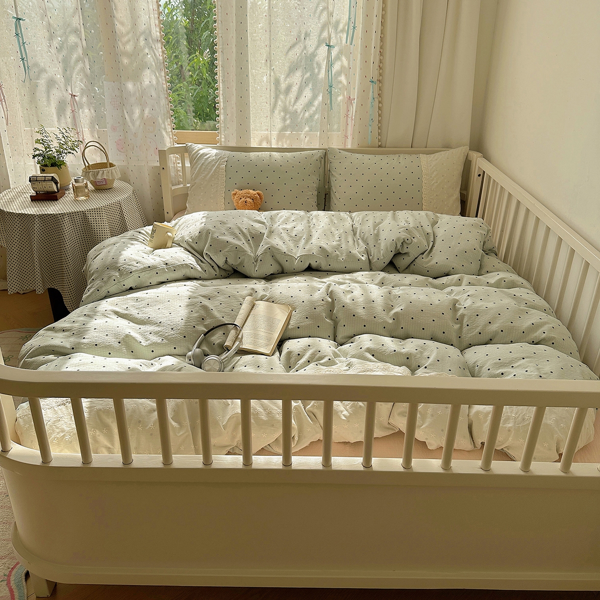 91家纺网 家纺一手货源 找家纺 沐芷 2026 【提供买家秀】宽花边四件套公主风A类双层纱床上用品三件套被套床笠 宽花边-点点蓝波