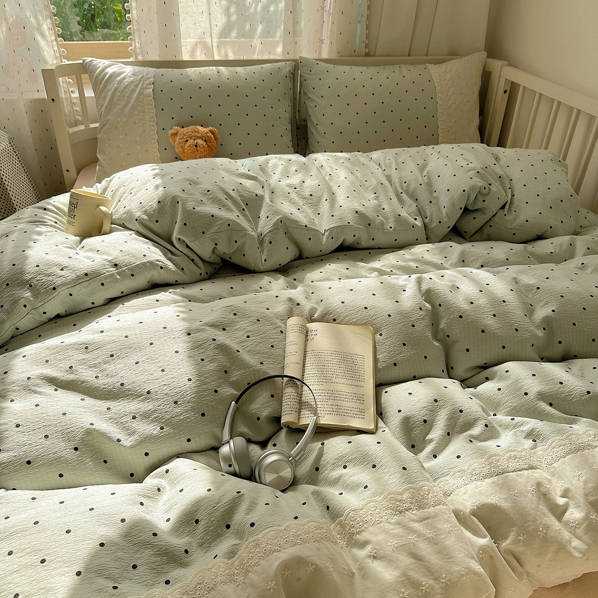 91家纺网 家纺一手货源 找家纺 沐芷 2026 【提供买家秀】宽花边四件套公主风A类双层纱床上用品三件套被套床笠 宽花边-点点蓝波