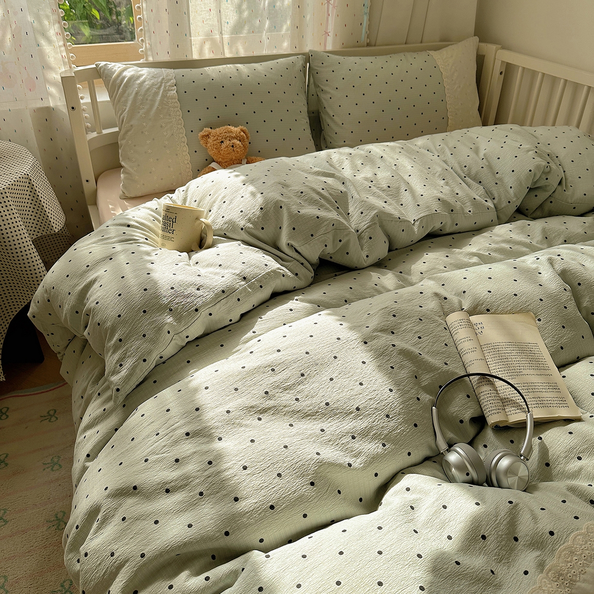 91家纺网 家纺一手货源 找家纺 沐芷 2026 【提供买家秀】宽花边四件套公主风A类双层纱床上用品三件套被套床笠 宽花边-点点蓝波