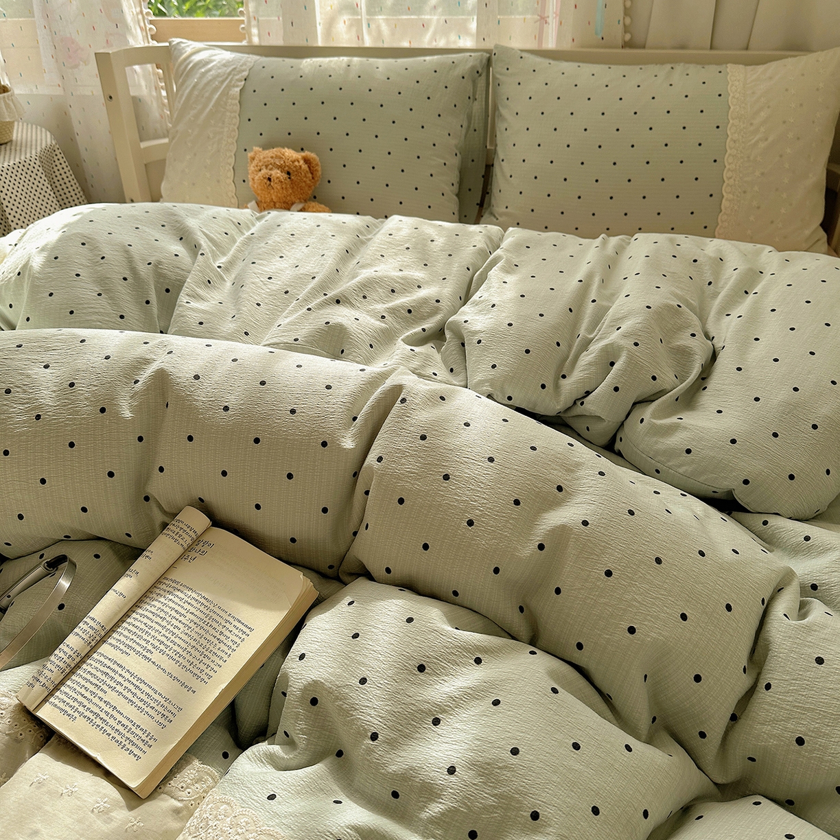 91家纺网 家纺一手货源 找家纺 沐芷 2026 【提供买家秀】宽花边四件套公主风A类双层纱床上用品三件套被套床笠 宽花边-点点蓝波