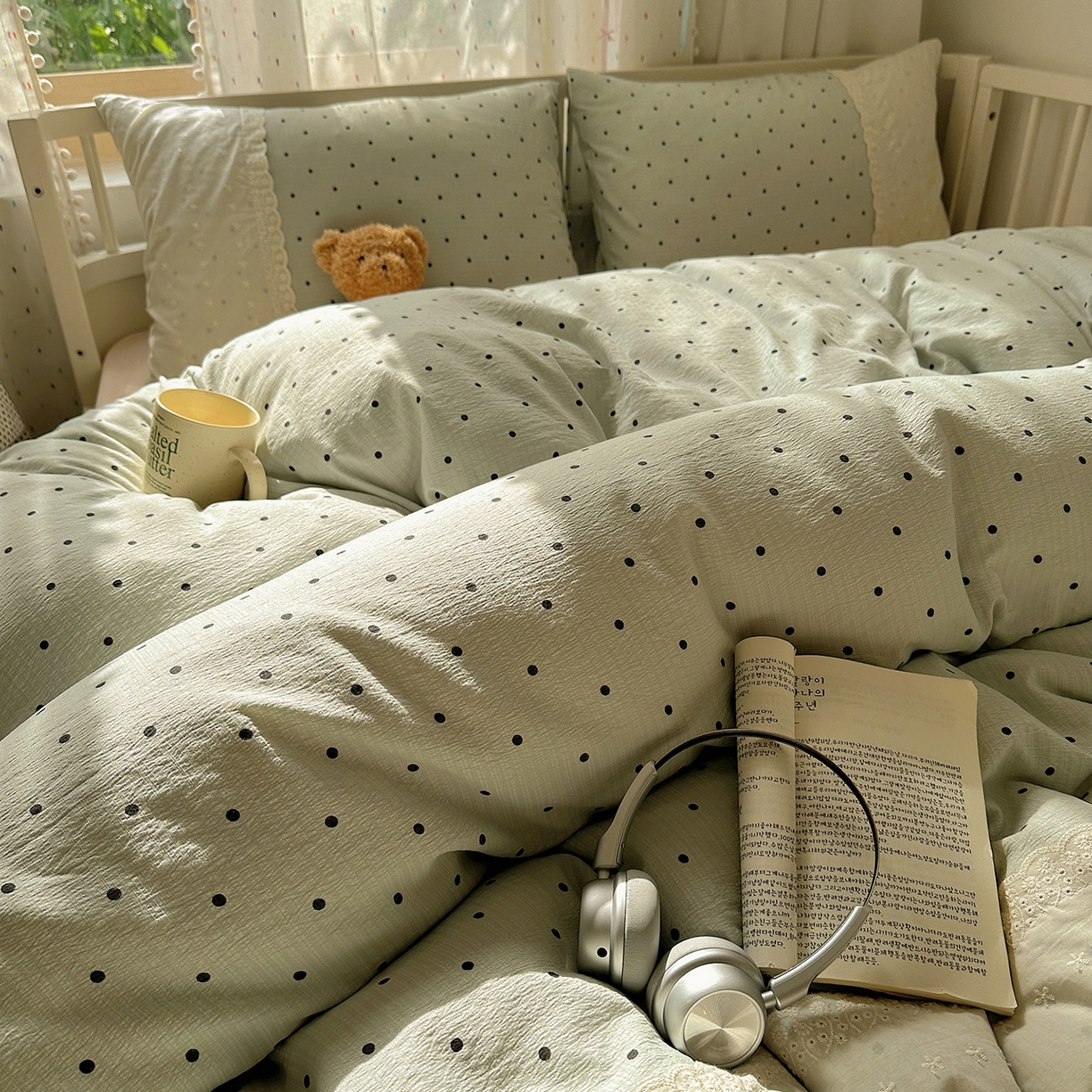 91家纺网 家纺一手货源 找家纺 沐芷 2026 【提供买家秀】宽花边四件套公主风A类双层纱床上用品三件套被套床笠 宽花边-点点蓝波