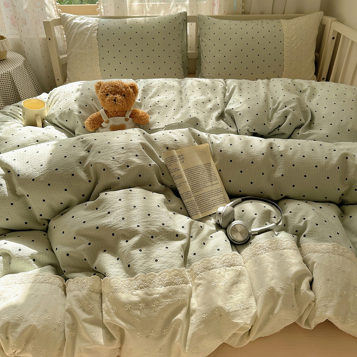 91家纺网 家纺一手货源 找家纺 沐芷 2026 【提供买家秀】宽花边四件套公主风A类双层纱床上用品三件套被套床笠 宽花边-点点蓝波