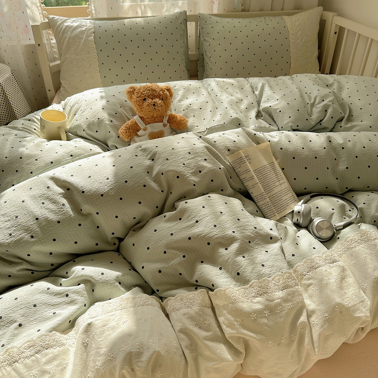 91家纺网 家纺一手货源 找家纺 沐芷 2026 【提供买家秀】宽花边四件套公主风A类双层纱床上用品三件套被套床笠 宽花边-点点蓝波