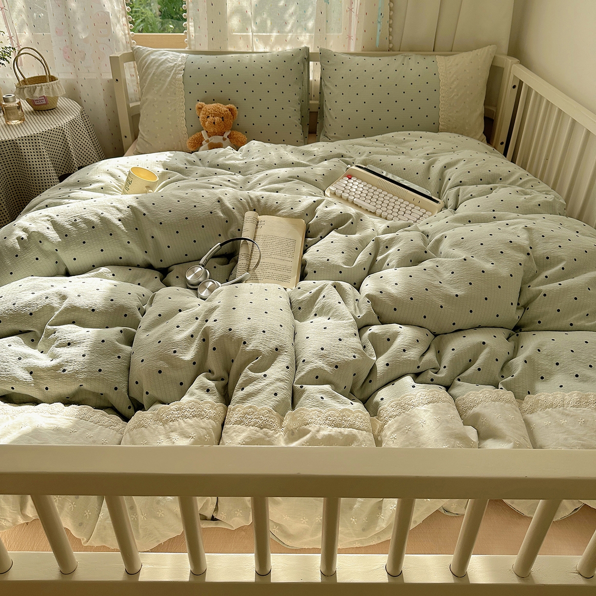 91家纺网 家纺一手货源 找家纺 沐芷 2026 【提供买家秀】宽花边四件套公主风A类双层纱床上用品三件套被套床笠 宽花边-点点蓝波