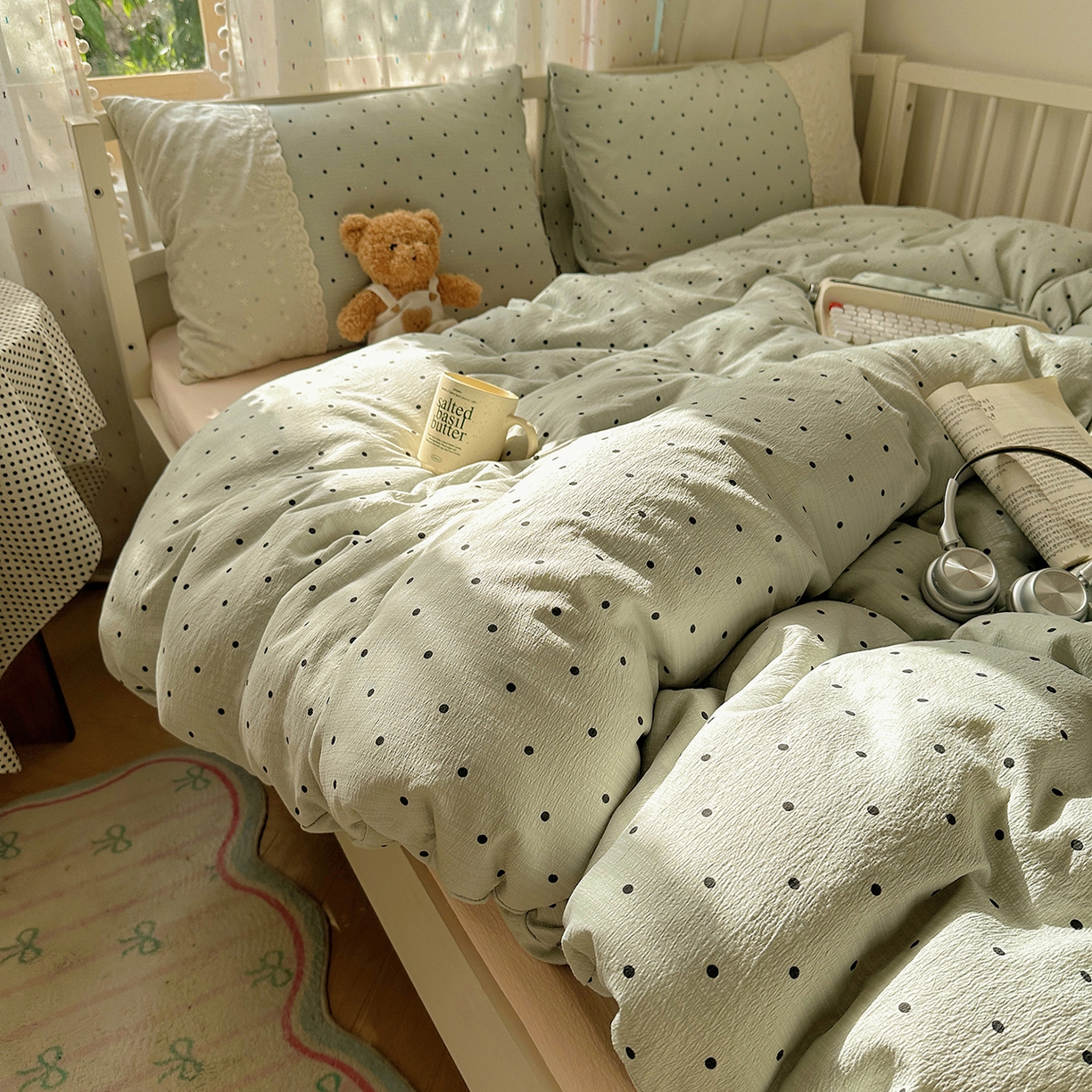 91家纺网 家纺一手货源 找家纺 沐芷 2026 【提供买家秀】宽花边四件套公主风A类双层纱床上用品三件套被套床笠 宽花边-点点蓝波