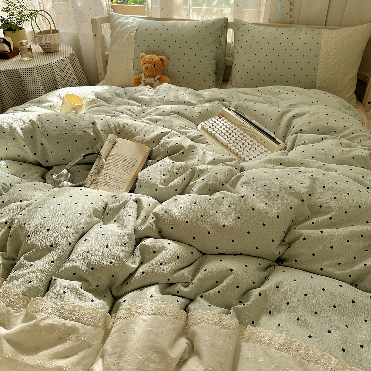 91家纺网 家纺一手货源 找家纺 沐芷 2026 【提供买家秀】宽花边四件套公主风A类双层纱床上用品三件套被套床笠 宽花边-点点蓝波