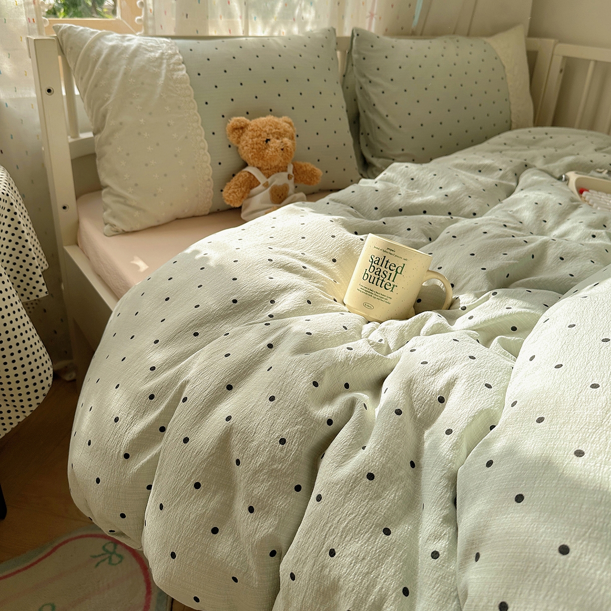 91家纺网 家纺一手货源 找家纺 沐芷 2026 【提供买家秀】宽花边四件套公主风A类双层纱床上用品三件套被套床笠 宽花边-点点蓝波