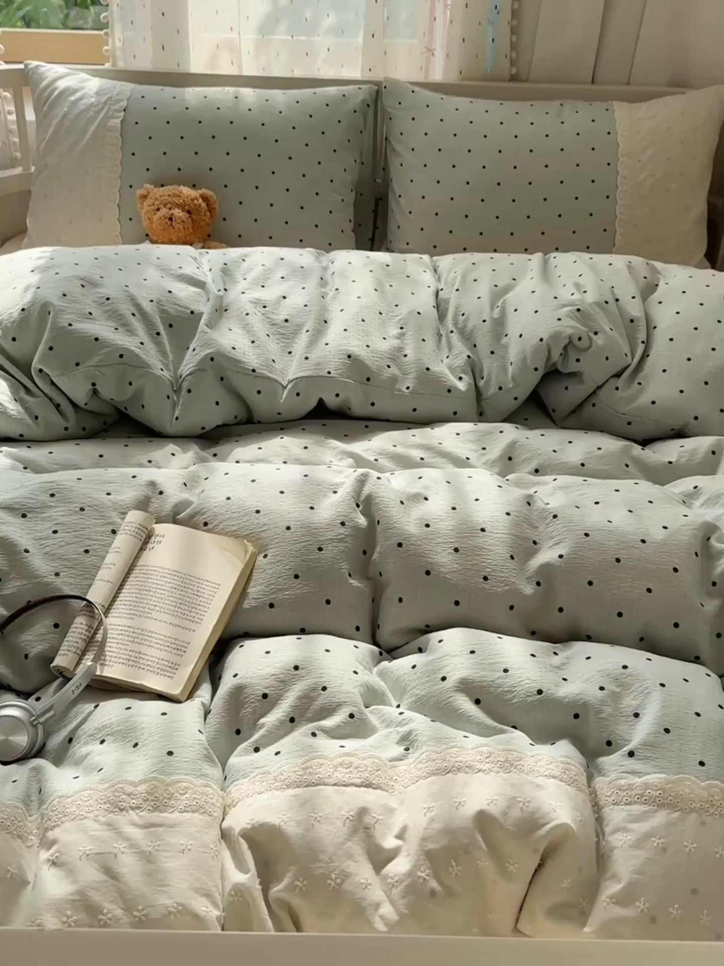 91家纺网 家纺一手货源 找家纺 沐芷 2026 【提供买家秀】宽花边四件套公主风A类双层纱床上用品三件套被套床笠 宽花边-点点蓝波