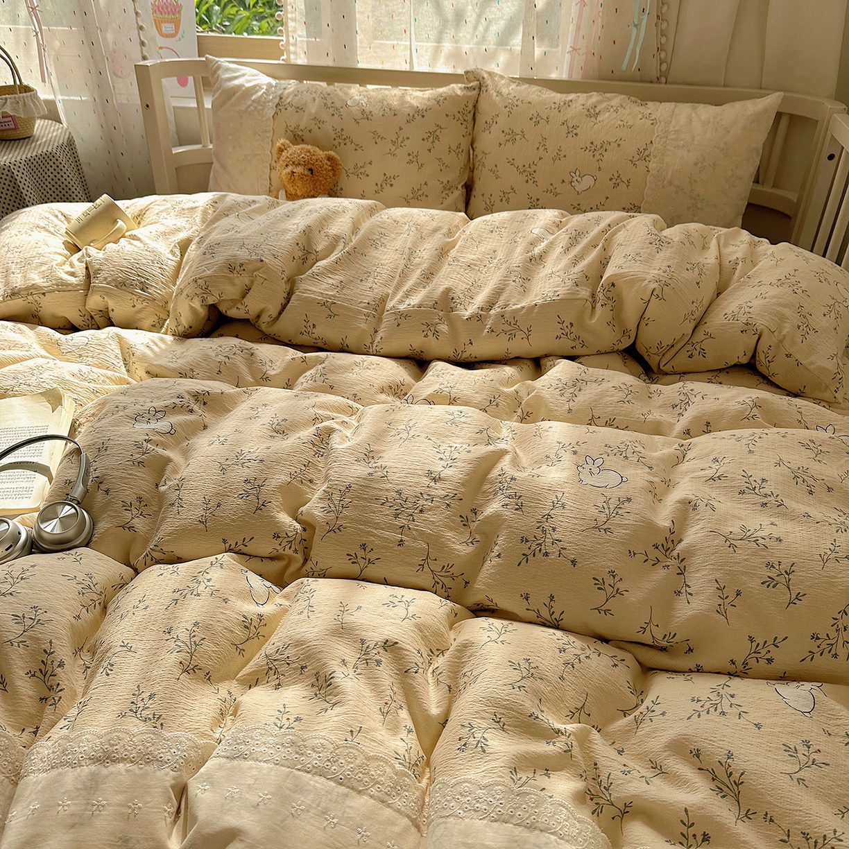 91家纺网 家纺一手货源 找家纺 沐芷 2026 【提供买家秀】宽花边四件套公主风A类双层纱床上用品三件套被套床笠 宽花边-花园小兔