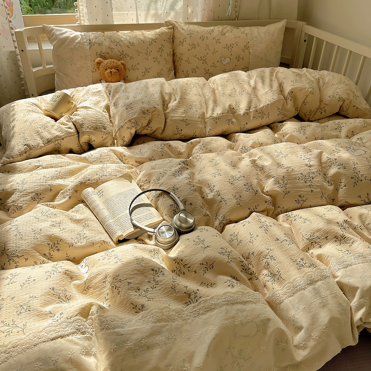 91家纺网 家纺一手货源 找家纺 沐芷 2026 【提供买家秀】宽花边四件套公主风A类双层纱床上用品三件套被套床笠 宽花边-花园小兔