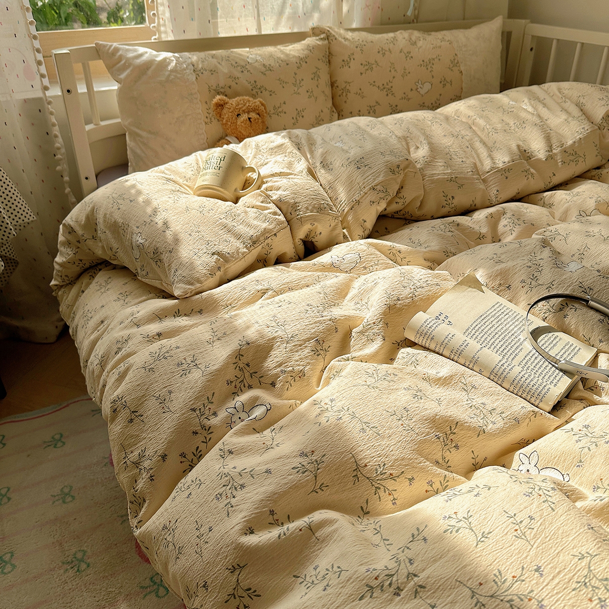 91家纺网 家纺一手货源 找家纺 沐芷 2026 【提供买家秀】宽花边四件套公主风A类双层纱床上用品三件套被套床笠 宽花边-花园小兔