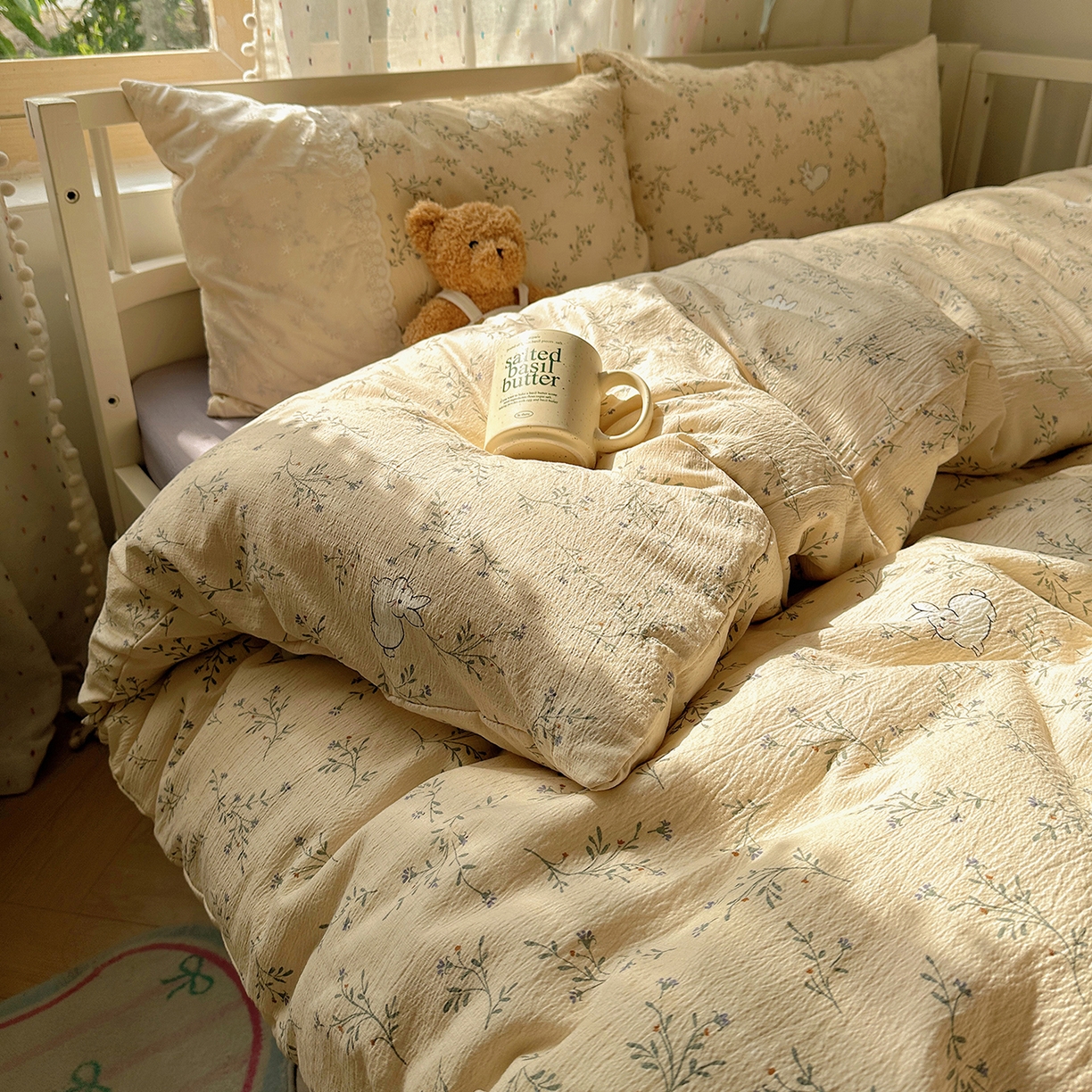 91家纺网 家纺一手货源 找家纺 沐芷 2026 【提供买家秀】宽花边四件套公主风A类双层纱床上用品三件套被套床笠 宽花边-花园小兔