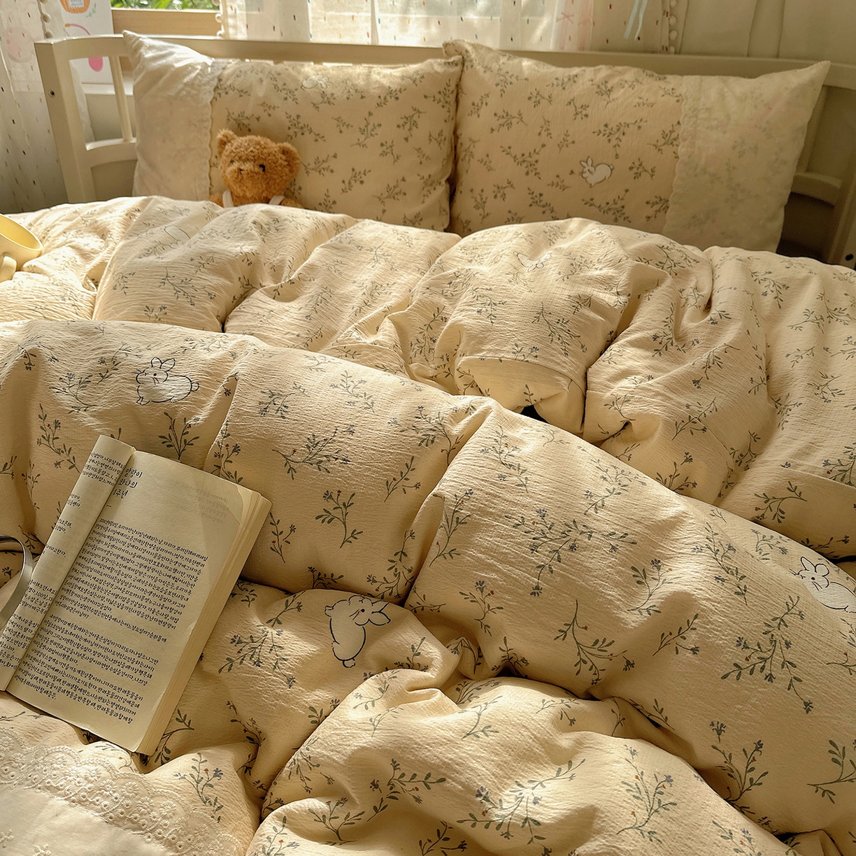 91家纺网 家纺一手货源 找家纺 沐芷 2026 【提供买家秀】宽花边四件套公主风A类双层纱床上用品三件套被套床笠 宽花边-花园小兔