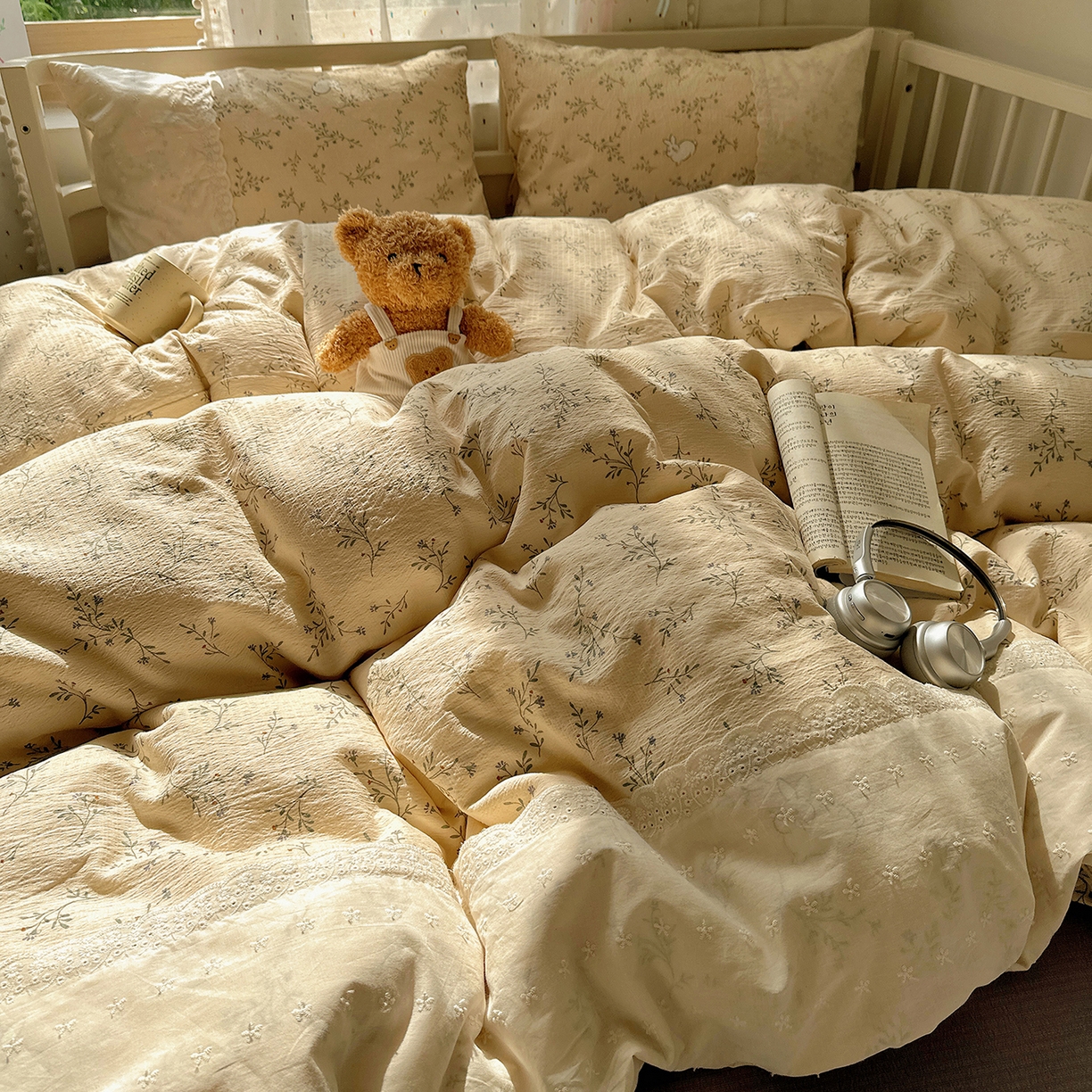 91家纺网 家纺一手货源 找家纺 沐芷 2026 【提供买家秀】宽花边四件套公主风A类双层纱床上用品三件套被套床笠 宽花边-花园小兔