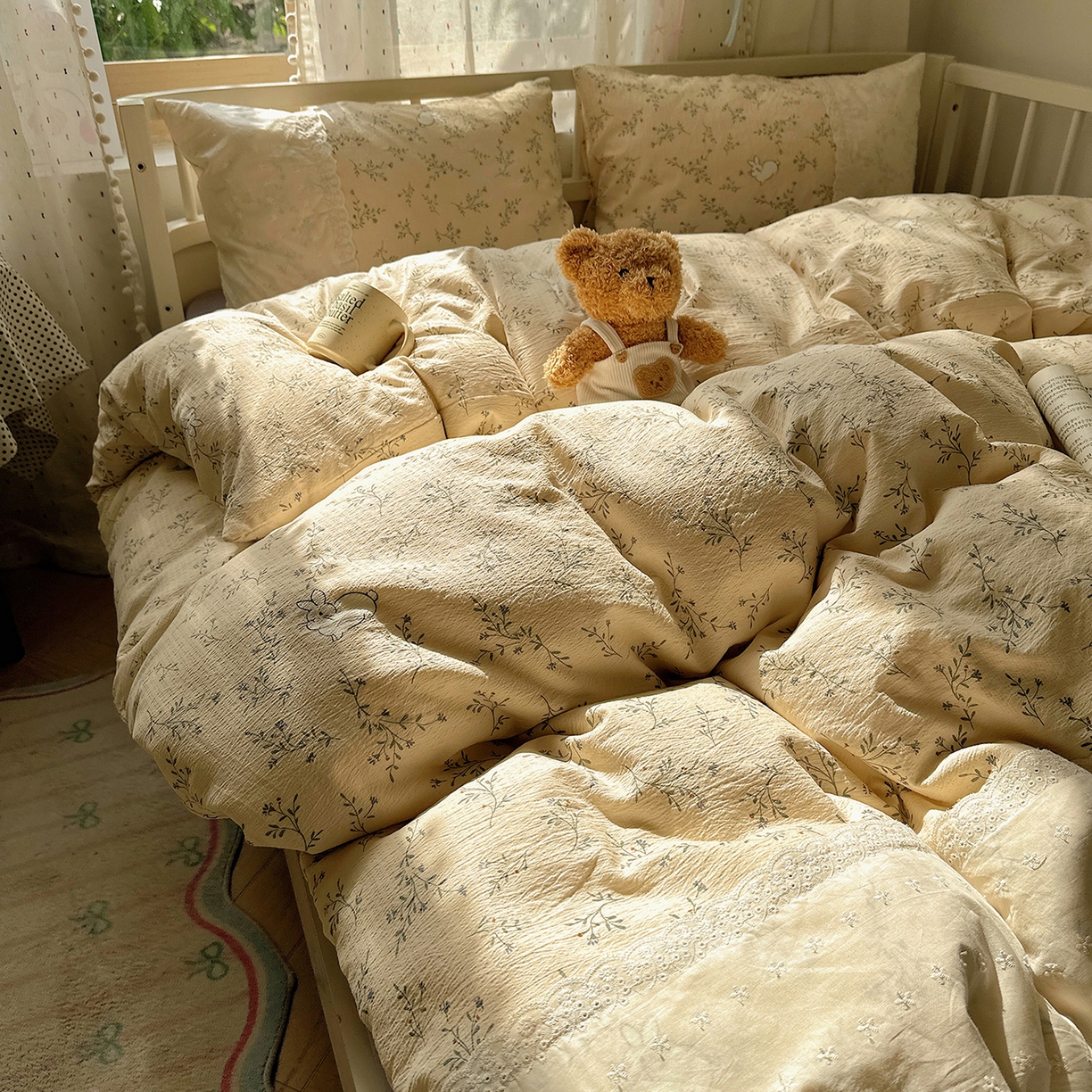 91家纺网 家纺一手货源 找家纺 沐芷 2026 【提供买家秀】宽花边四件套公主风A类双层纱床上用品三件套被套床笠 宽花边-花园小兔