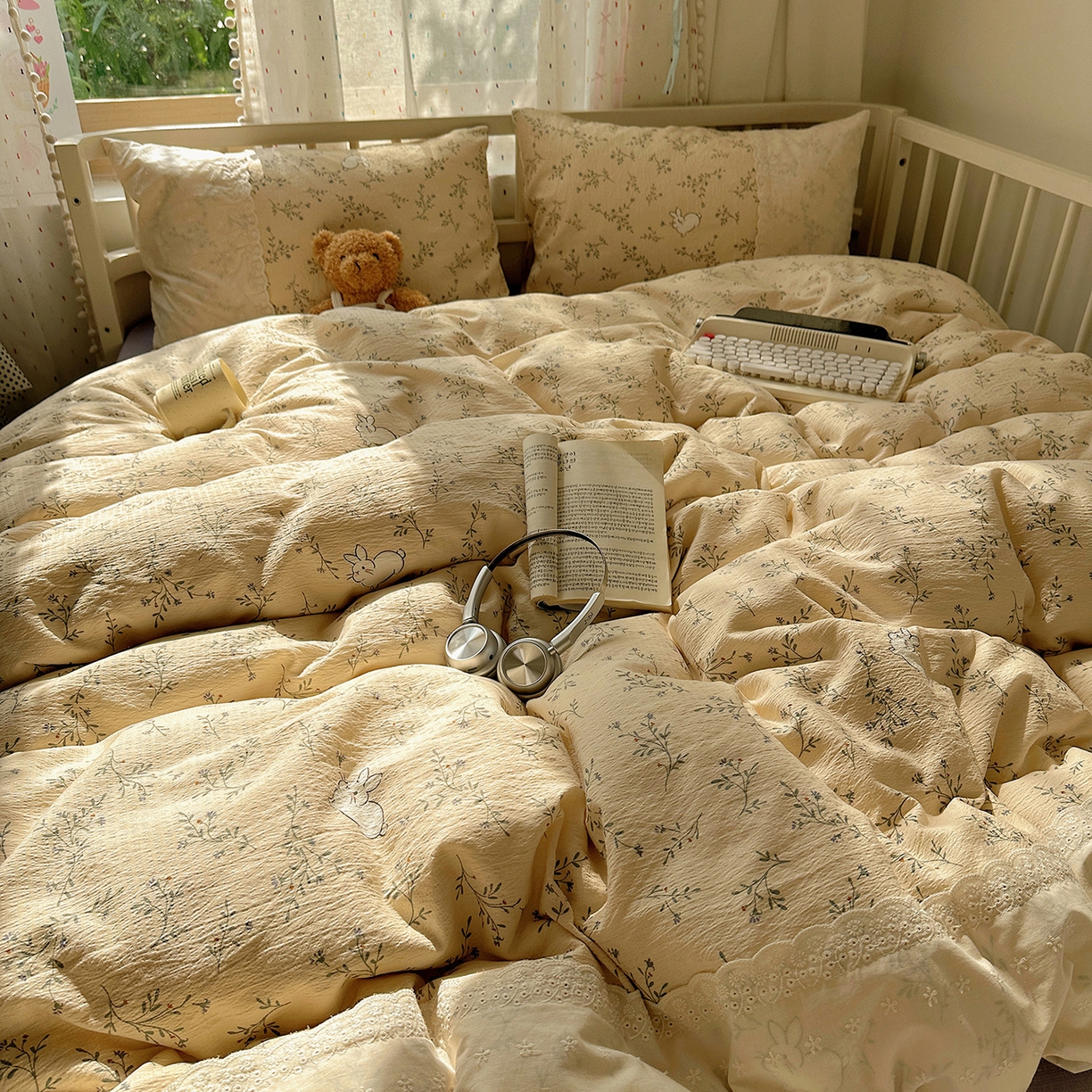 91家纺网 家纺一手货源 找家纺 沐芷 2026 【提供买家秀】宽花边四件套公主风A类双层纱床上用品三件套被套床笠 宽花边-花园小兔