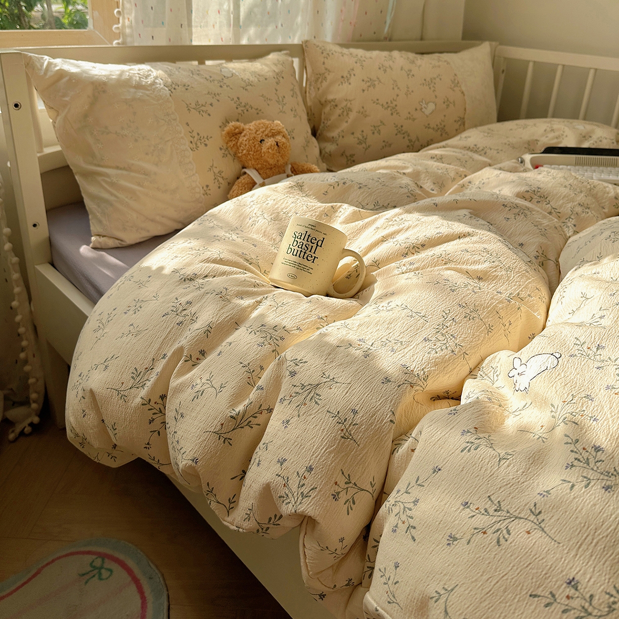 91家纺网 家纺一手货源 找家纺 沐芷 2026 【提供买家秀】宽花边四件套公主风A类双层纱床上用品三件套被套床笠 宽花边-花园小兔