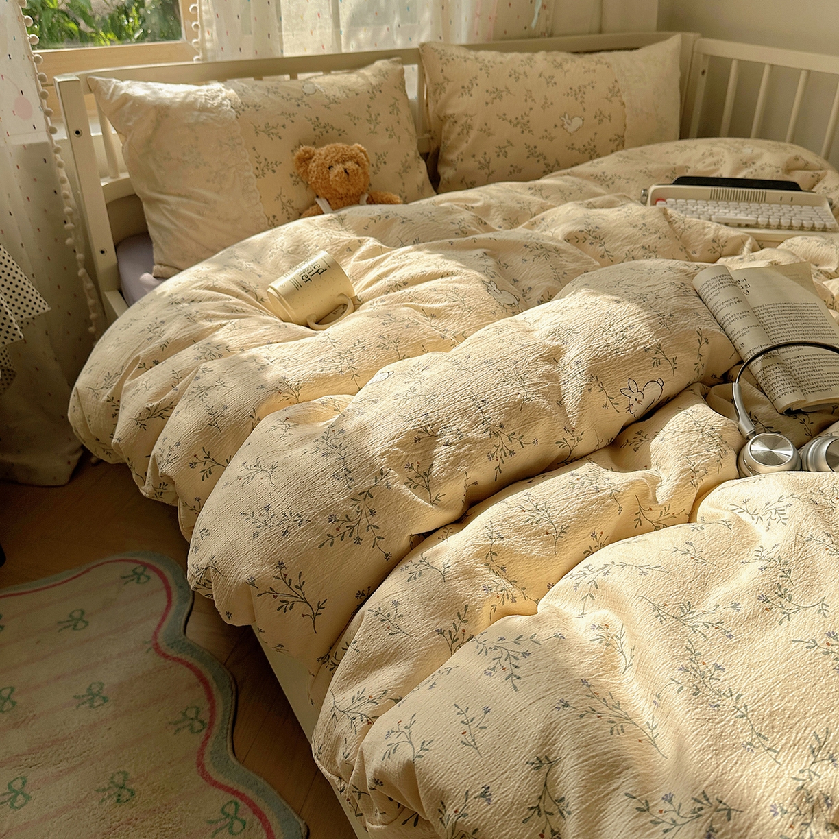 91家纺网 家纺一手货源 找家纺 沐芷 2026 【提供买家秀】宽花边四件套公主风A类双层纱床上用品三件套被套床笠 宽花边-花园小兔