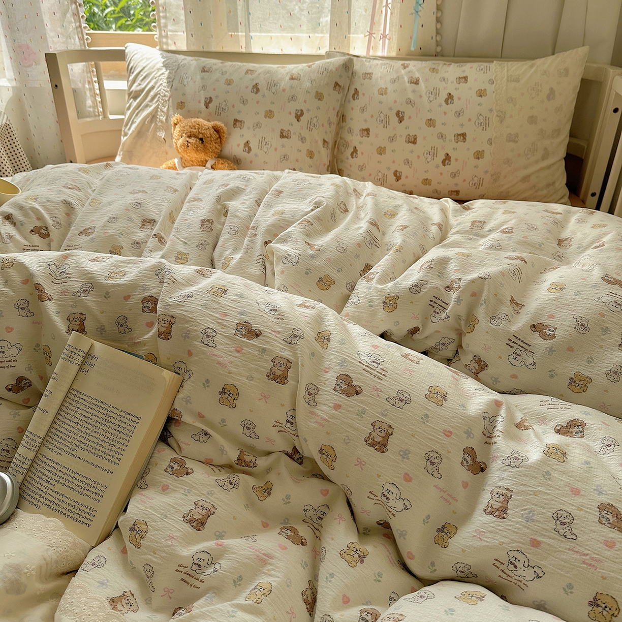 91家纺网 家纺一手货源 找家纺 沐芷 2026 【提供买家秀】宽花边四件套公主风A类双层纱床上用品三件套被套床笠 宽花边-奶萌小狗