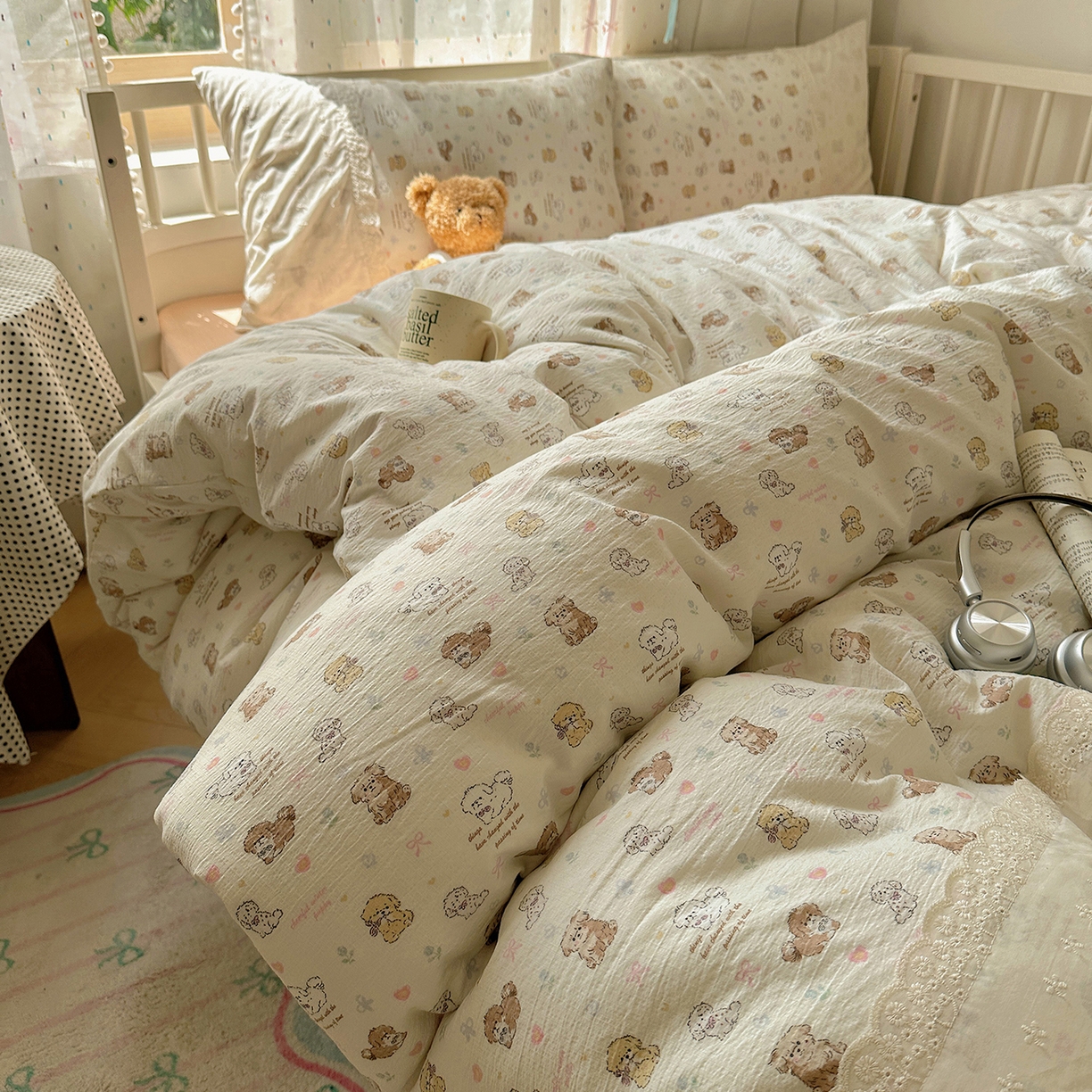 91家纺网 家纺一手货源 找家纺 沐芷 2026 【提供买家秀】宽花边四件套公主风A类双层纱床上用品三件套被套床笠 宽花边-奶萌小狗