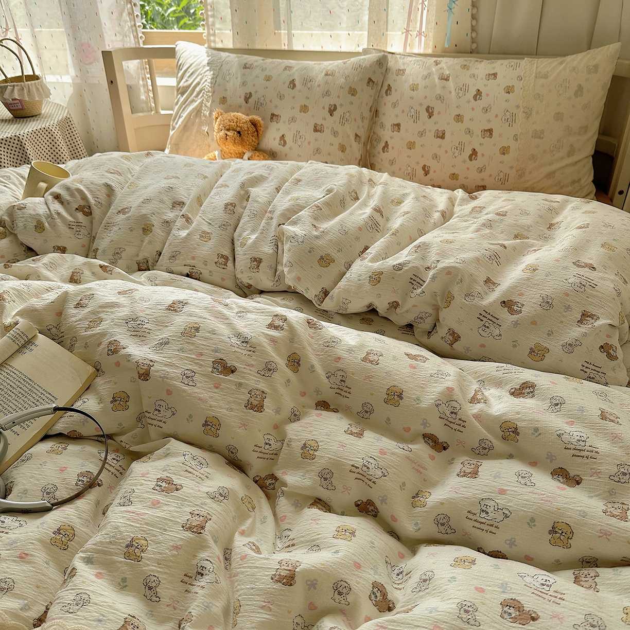 91家纺网 家纺一手货源 找家纺 沐芷 2026 【提供买家秀】宽花边四件套公主风A类双层纱床上用品三件套被套床笠 宽花边-奶萌小狗